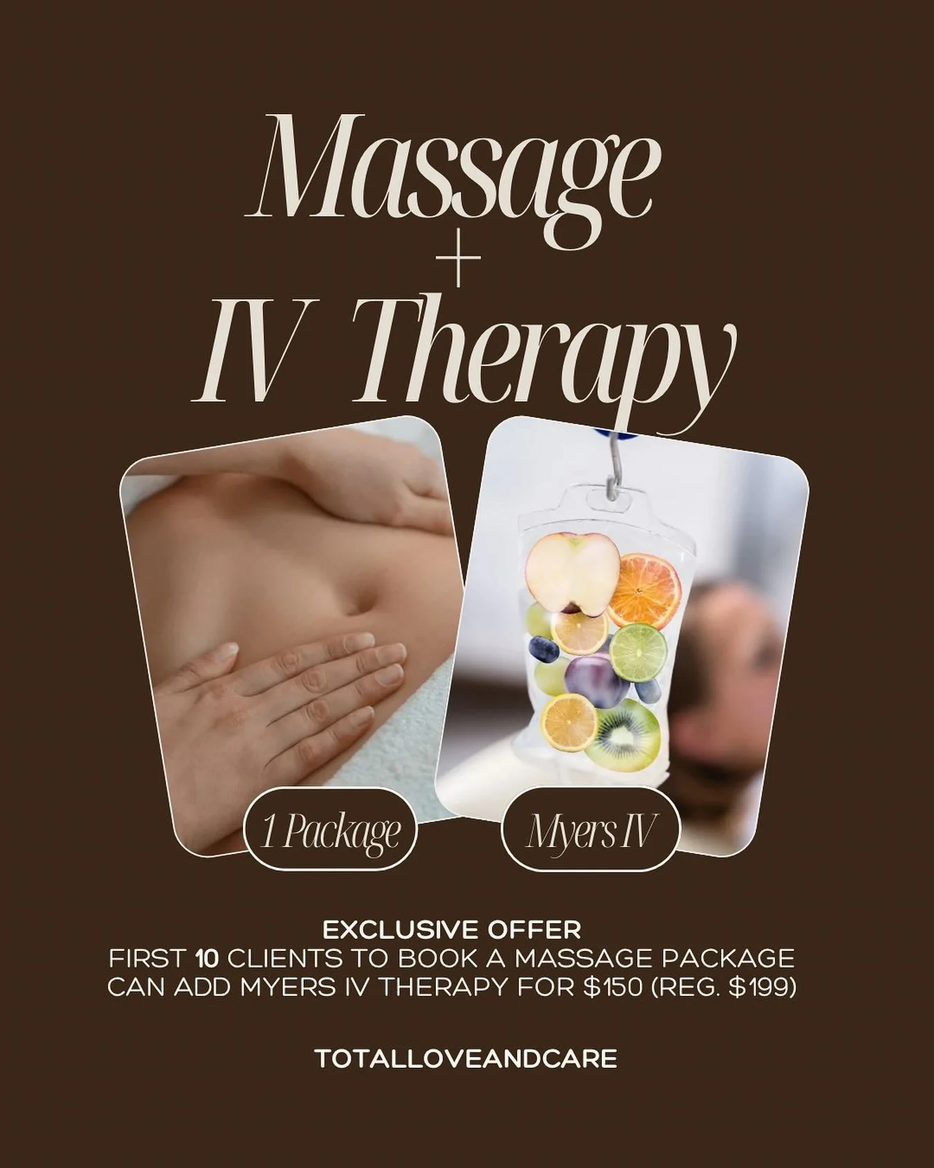 ✨ Exclusive Offer ✨
We&rsquo;re excited to share something special for our Familia. The first 10 clients to book a massage package (3&ndash;5 sessions) can add a Myers IV Therapy treatment for only $150 (regularly $199).

💧 Hydration boost
💪 Recove