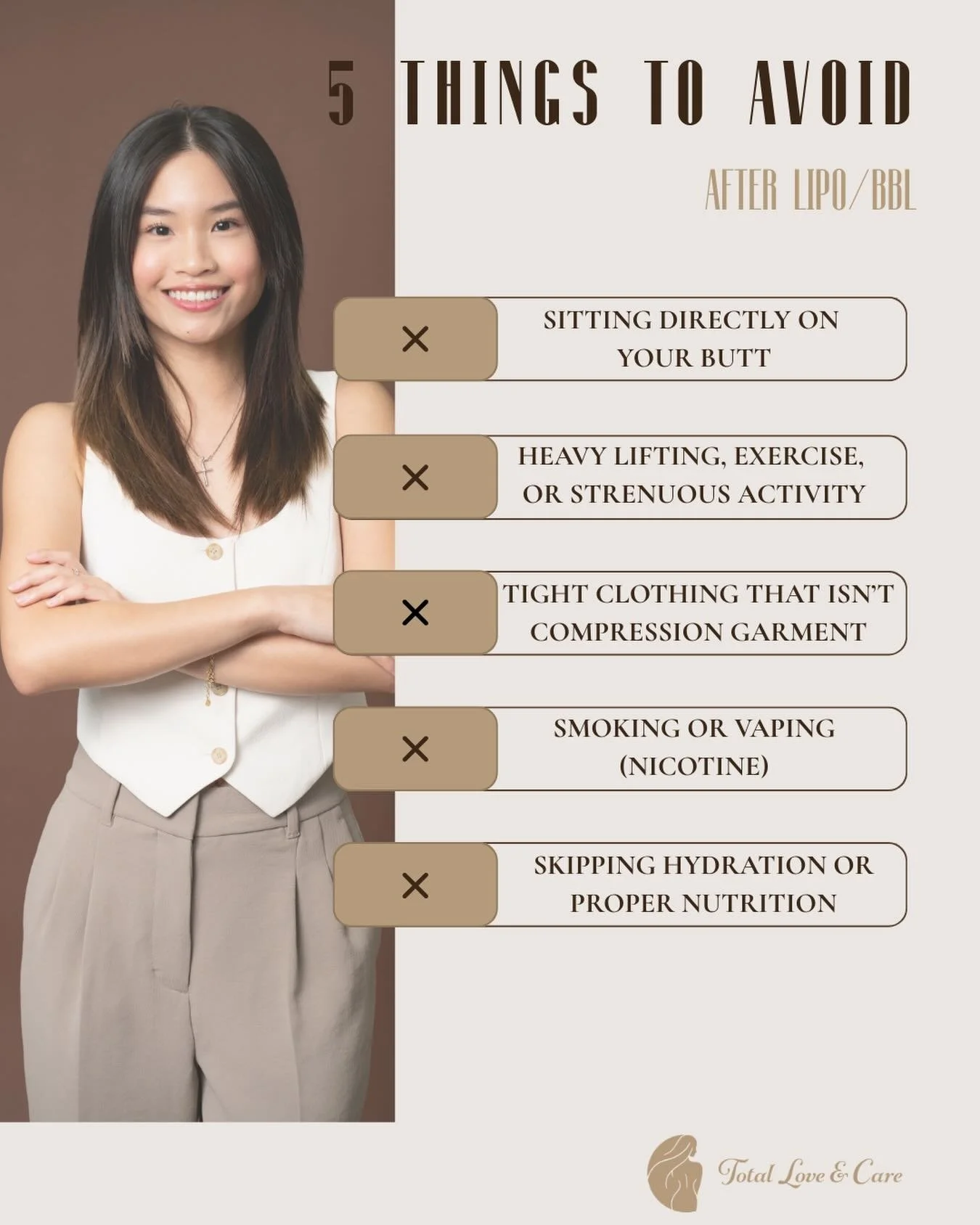 5 Things to Avoid After Lipo &amp; BBL
Your recovery matters just as much as your surgery day. These small habits make a BIG difference in how you heal and how your results settle.

Remember, our licensed nurses and massage therapists are here to gui