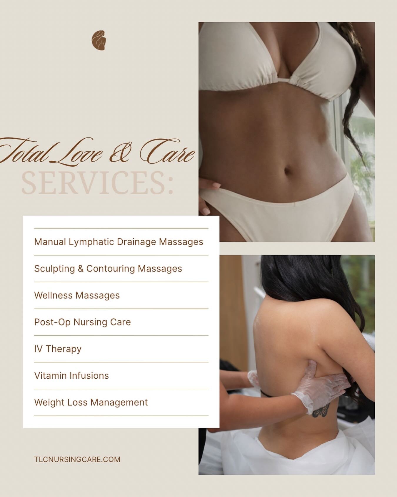 At Total Love &amp; Care, we specialize in post operative recovery and wellness services designed to support your body through every stage of healing and self care. From manual lymphatic drainage and body contouring to wellness massages, IV therapy, 