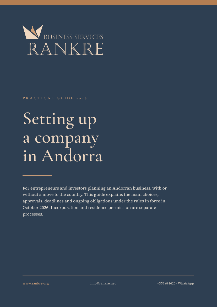 Cover of the RANKRE guide "Setting up a company in Andorra", practical guide 2026