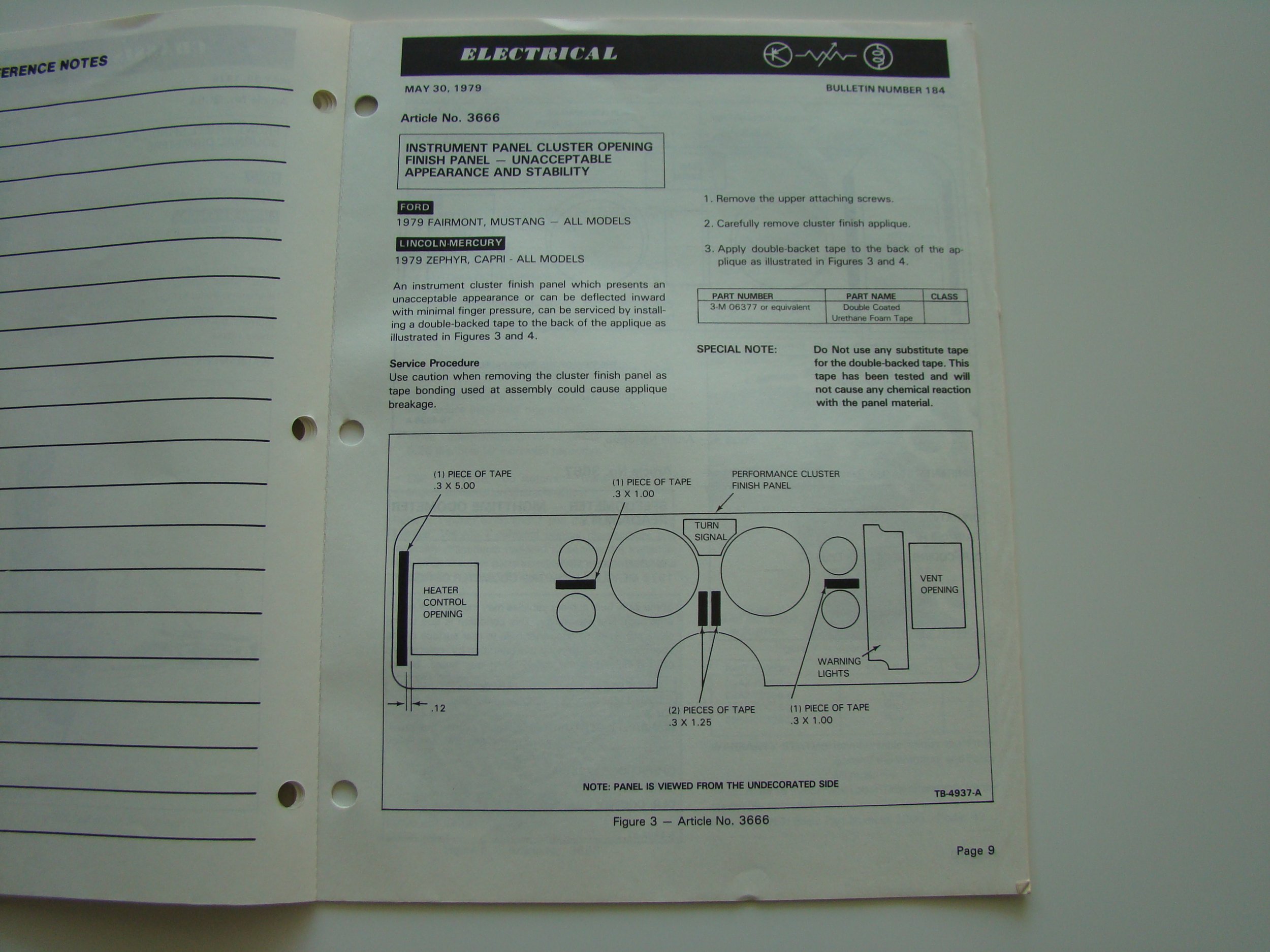 Technical manual page with instructions and diagram for replacing an instrument panel cluster finish panel in a 1979 Ford or Lincoln-Mercury vehicle.