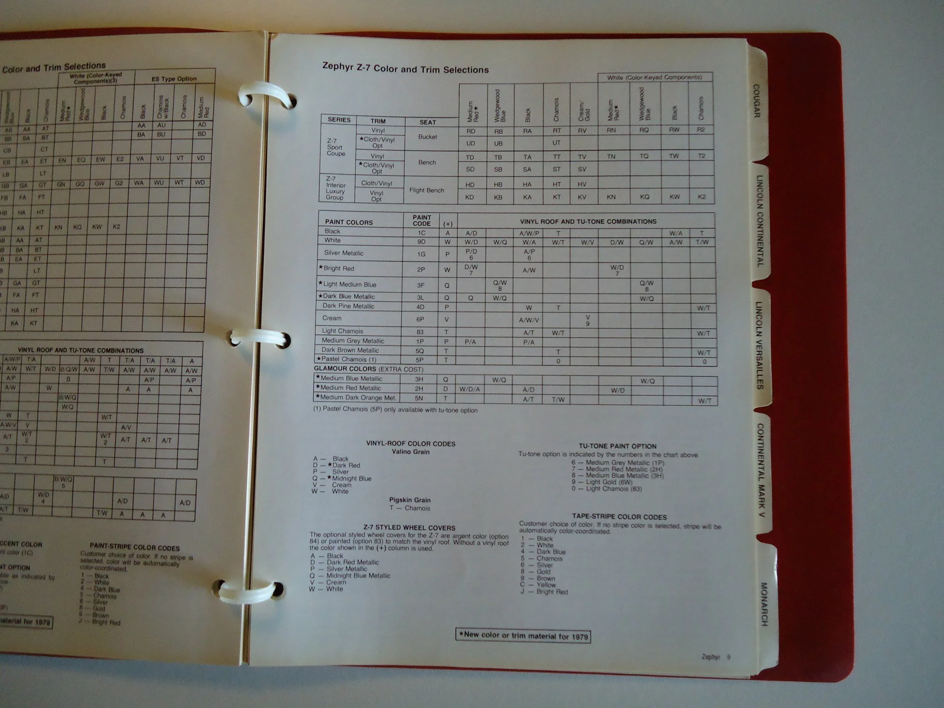 Page from a vehicle color and trim selection catalog showing options for Zephyr Z-7 model, including series, trim, seat, paint colors, vinyl roof, and wheel covers.