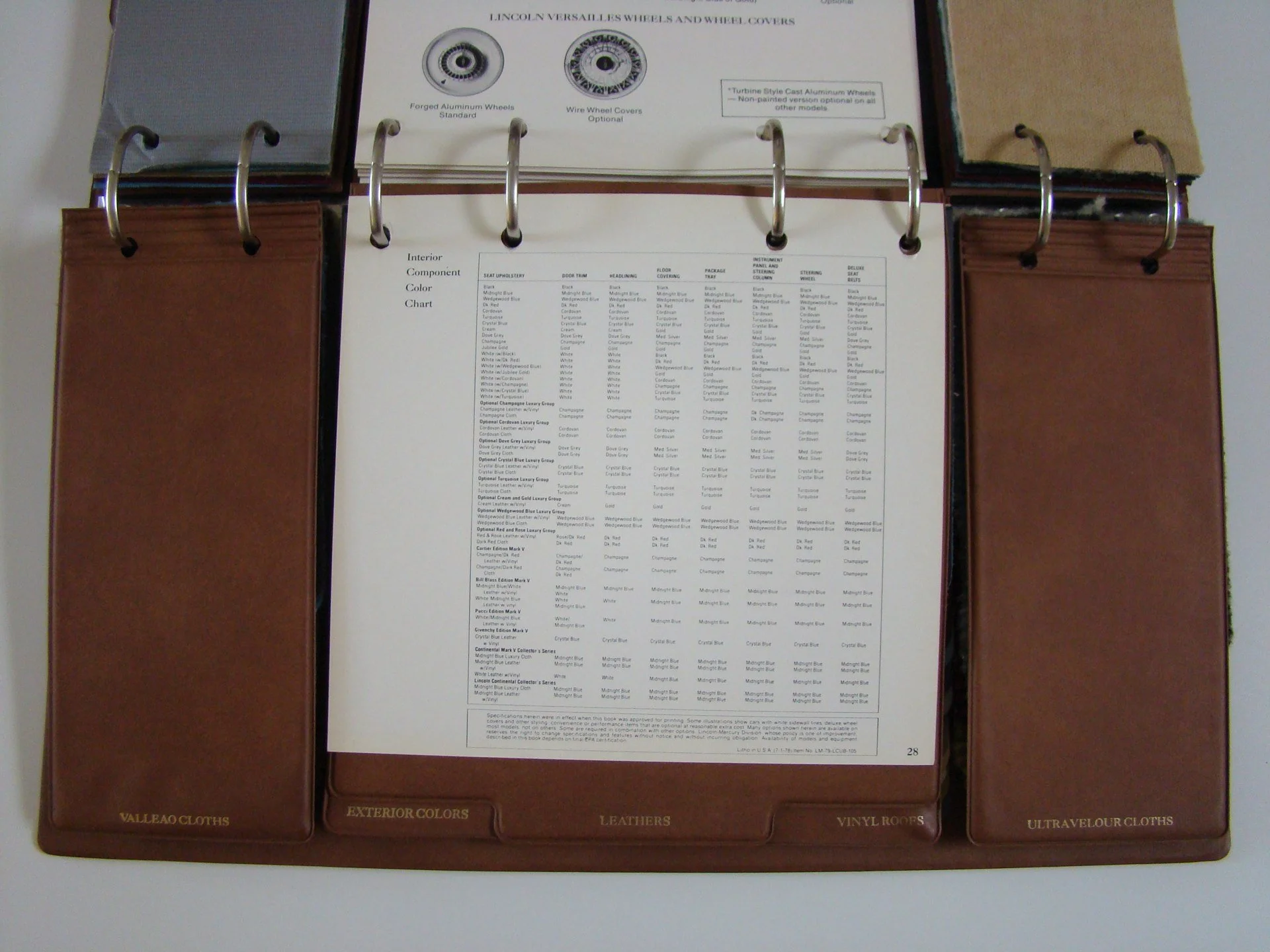 Color sample display with leather, cloth, and vinyl fabric swatches, and a detailed specifications sheet in the center.