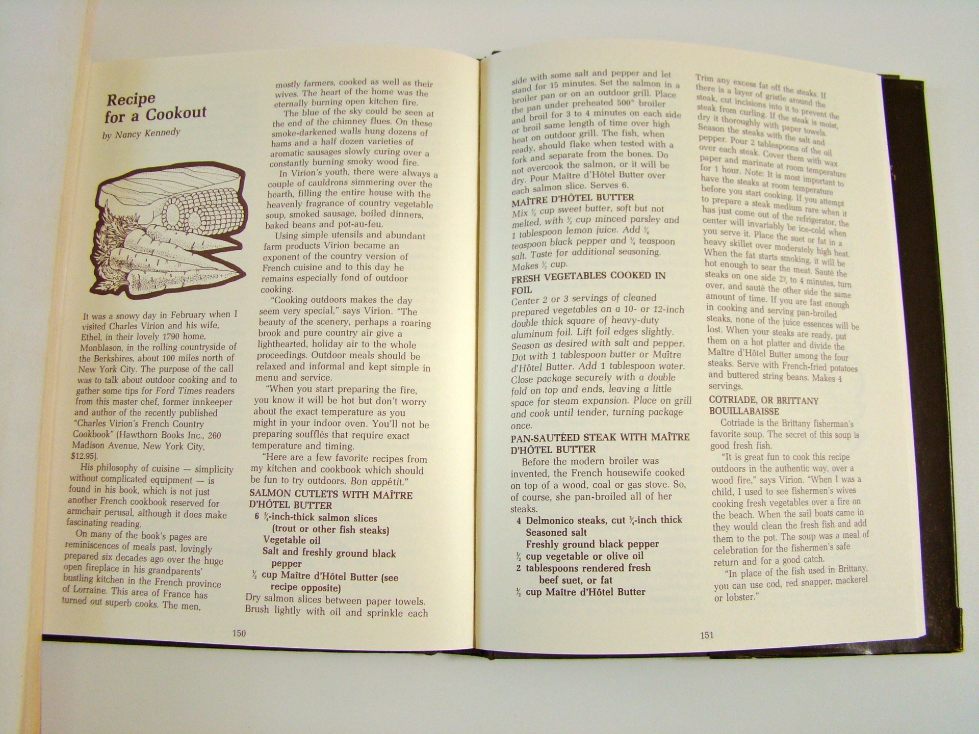 Open recipe book showing pages 150 and 151 with a black and white illustration of corn, and text about outdoor cooking, salmon, vegetable preparation, and steak with butter.