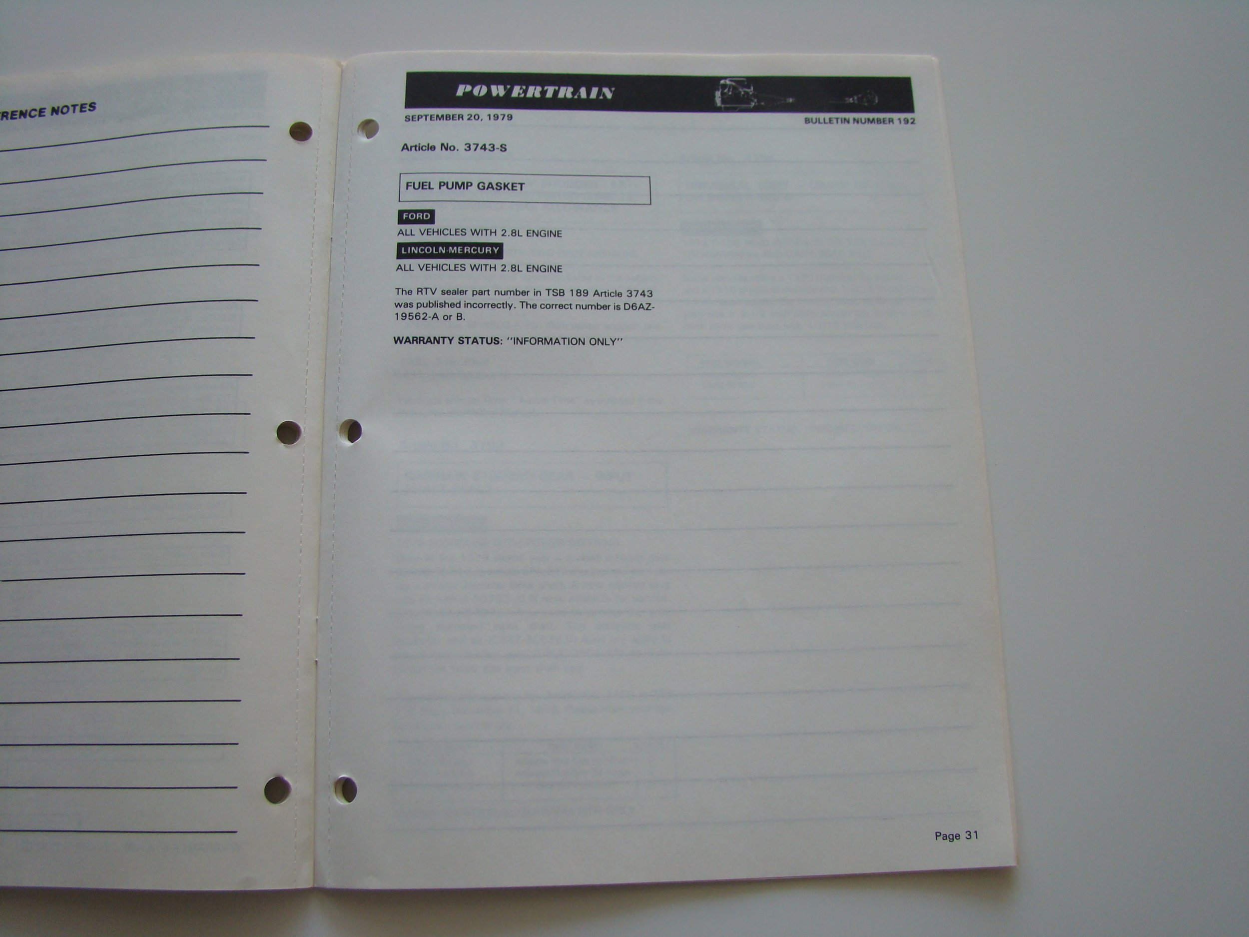 Open manual page with technical information about fuel pump gasket for Ford and Lincoln-Mercury vehicles, dated September 20, 1979, bulletin number 192.