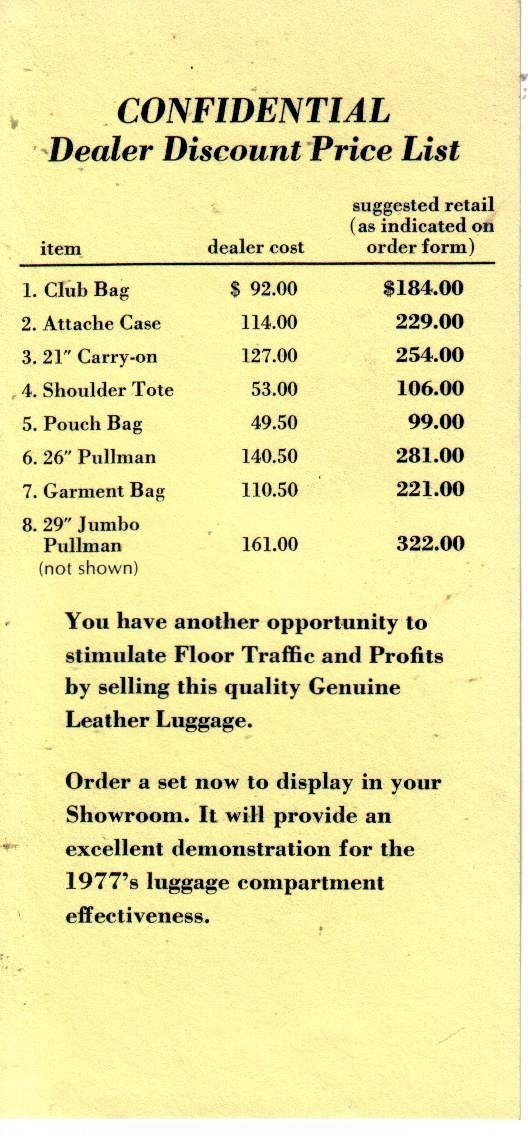 Confidential dealer discount price list for leather luggage, featuring items like club bag, attaché case, 21" carry-on, shoulder tote, pouch bag, 26" pullman, garment bag, and 29" jumbo pullman, with dealer and suggested retail prices.