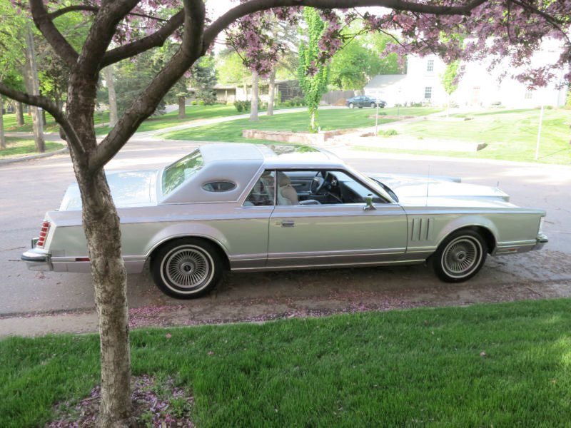 Silver vintage car parked on the street under a pink flowering tree with green grass and houses in the background.