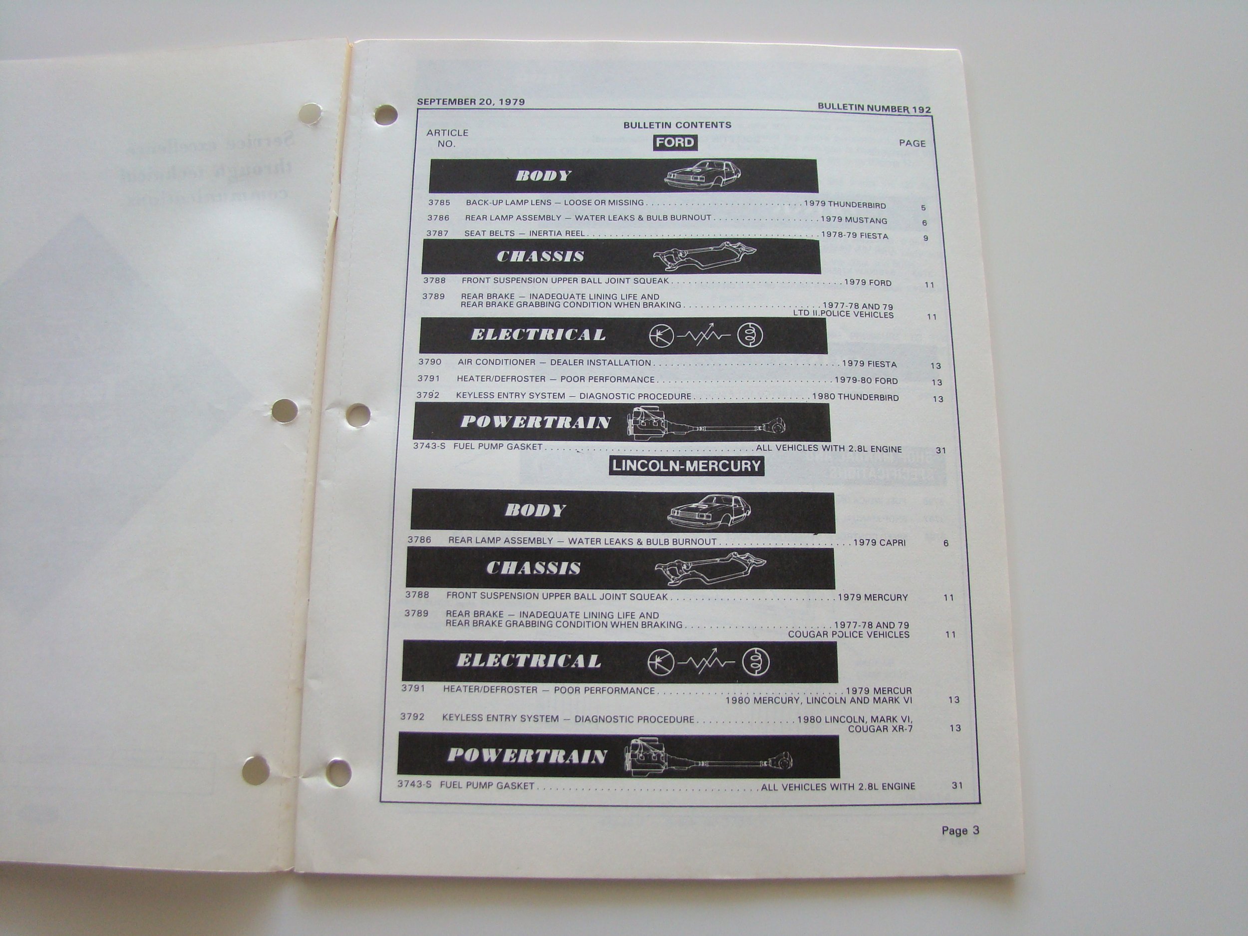 Page from a car maintenance bulletin dated September 20, 1979, listing sections on body, chassis, electrical, and powertrain repairs for Ford, Lincoln-Mercury, and Cougar vehicles.