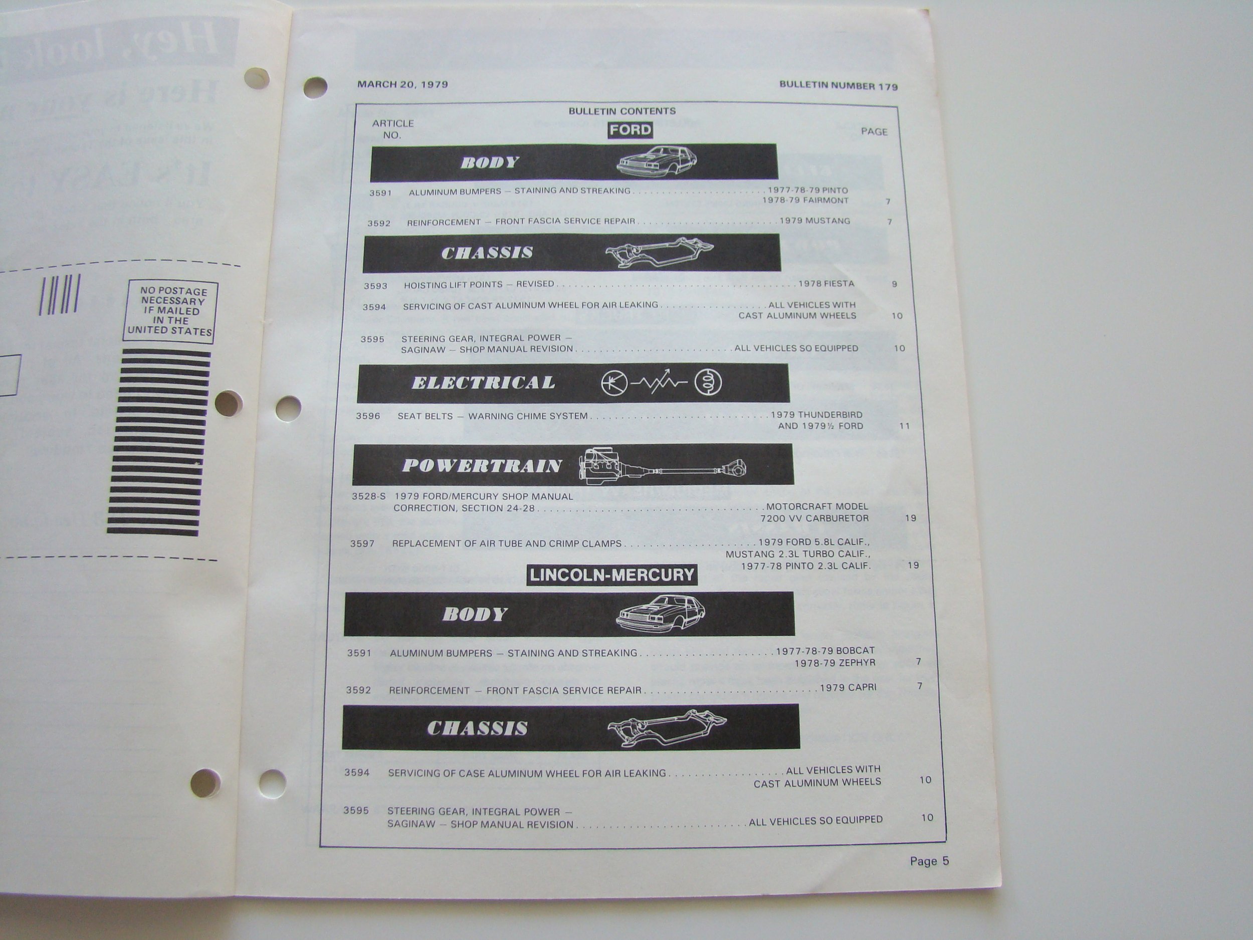 A page from a 1970s vehicle repair manual, listing sections on body, chassis, electrical, powertrain, and specific vehicle models.