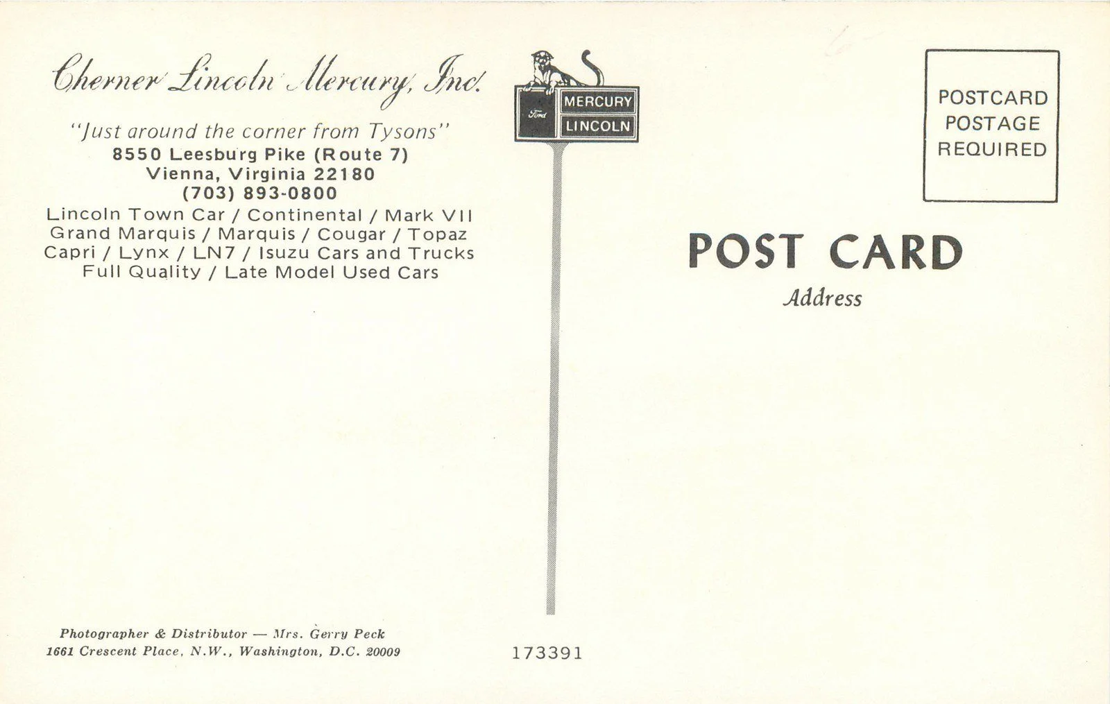 Back of a vintage postcard for Cherner Lincoln Mercury Inc., a car dealership, with address, phone number, and car makes listed. A logo with a lion and the words 'Mercury Lincoln' appears at the top center. The postage area is at the top right, and t