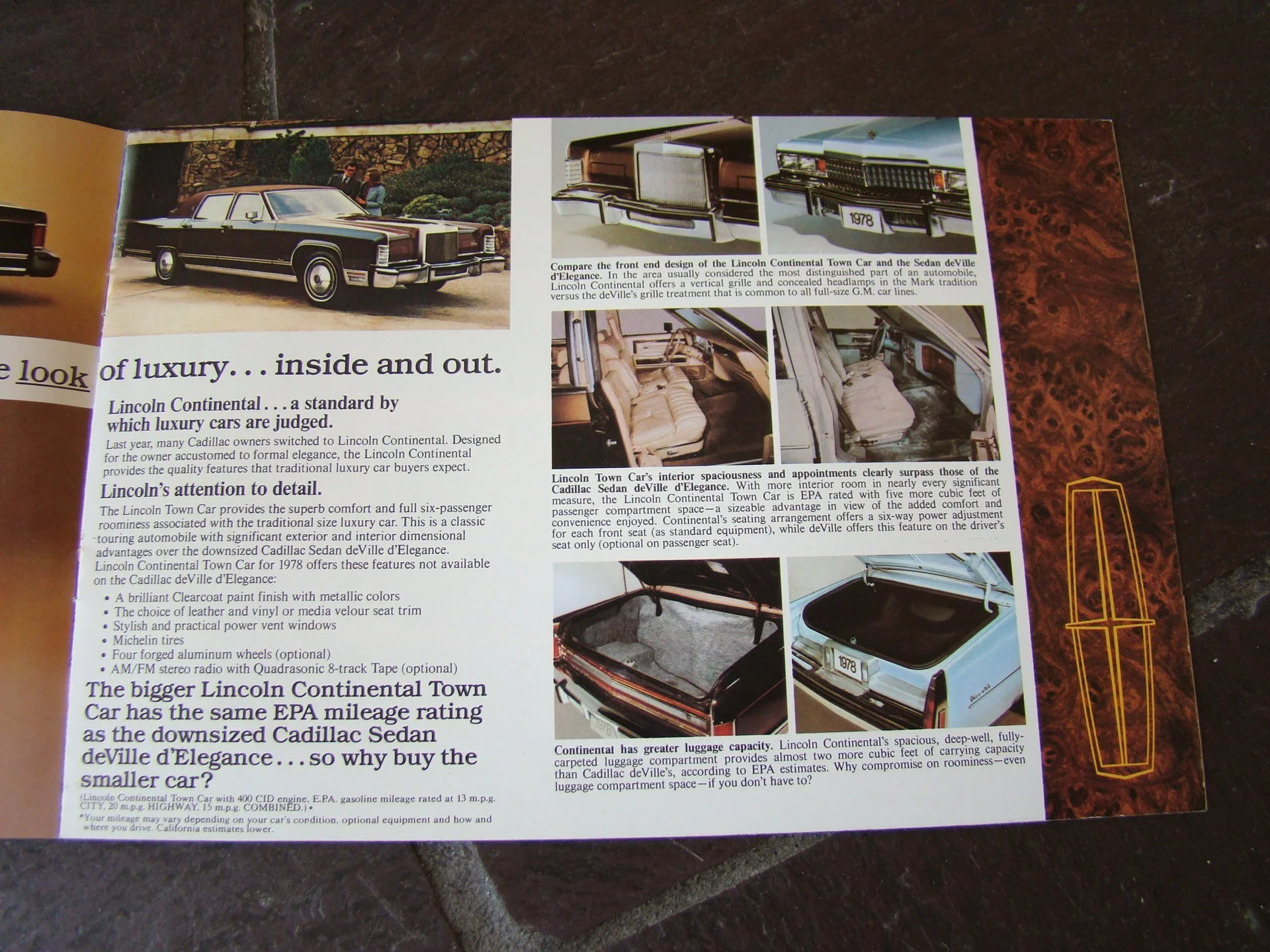 Page with images and descriptions of a 1978 Lincoln Continental Town Car, including interior details, trunk space, and exterior front design.