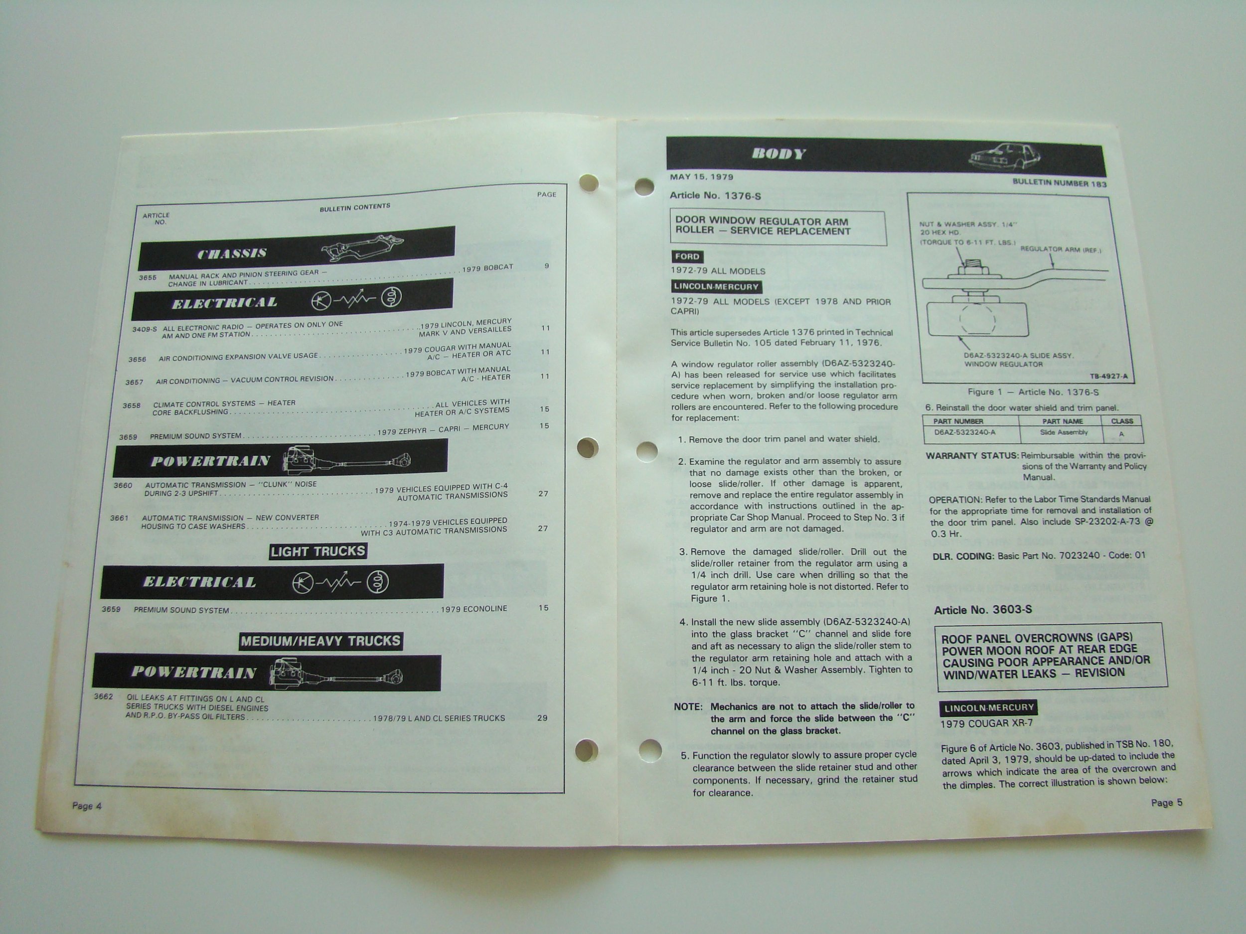 Two pages of technical service bulletins for vehicle models, including sections on chassis, electrical systems, powertrain, and light trucks, with instructions and diagrams for replacement and repair procedures.
