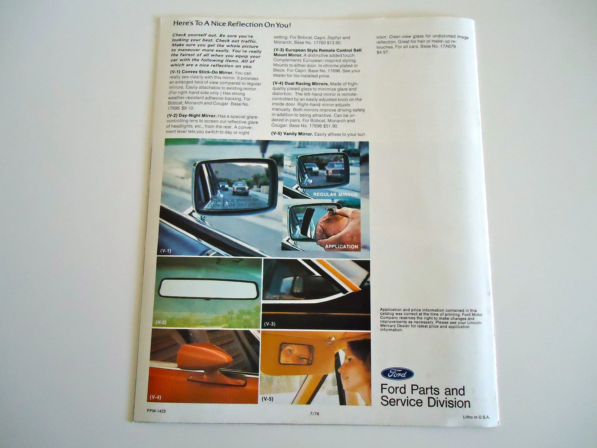 Page from a Ford Parts and Service Division catalog showing different types of car mirrors and their applications, including images of vanity, convex, regular, and rearview mirrors, along with a woman looking in a sun visor mirror.