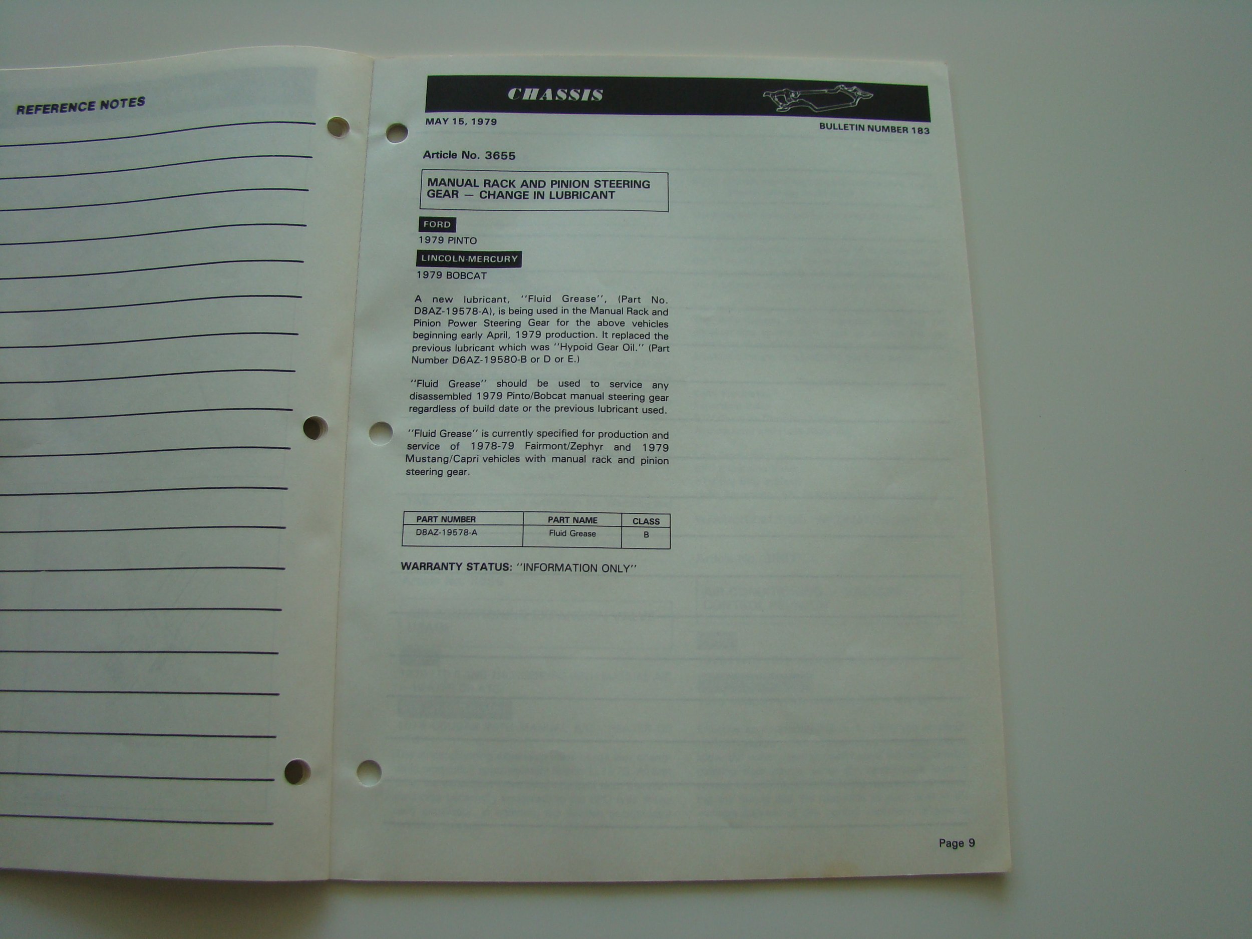 A page from a vehicle maintenance manual listing part information for manual rack and pinion steering gear, dated May 15, 1979.