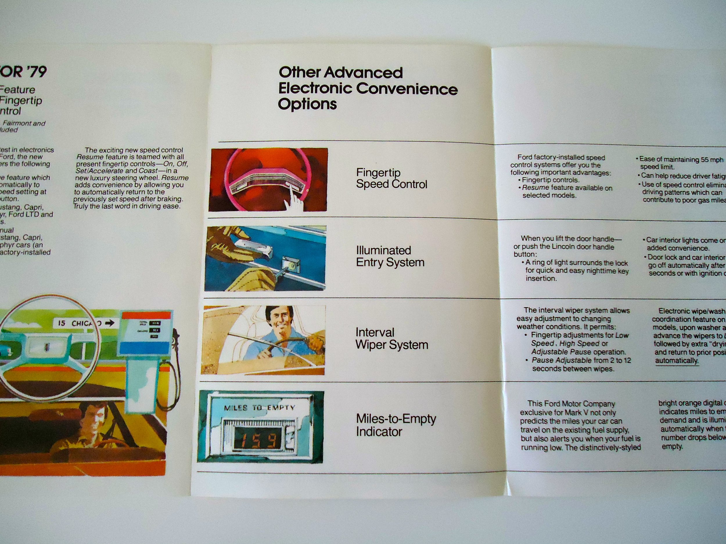 Page from a 1979 Ford vehicle brochure showing advanced electronic convenience options: Fingertip Speed Control, Illuminated Entry System, Interval Wiper System, and Miles-to-Empty Indicator, with illustrations and descriptions.