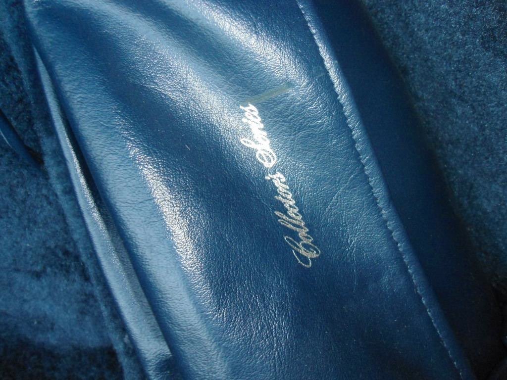 Close-up of a blue leather surface with the word "Genuine" in gold script.