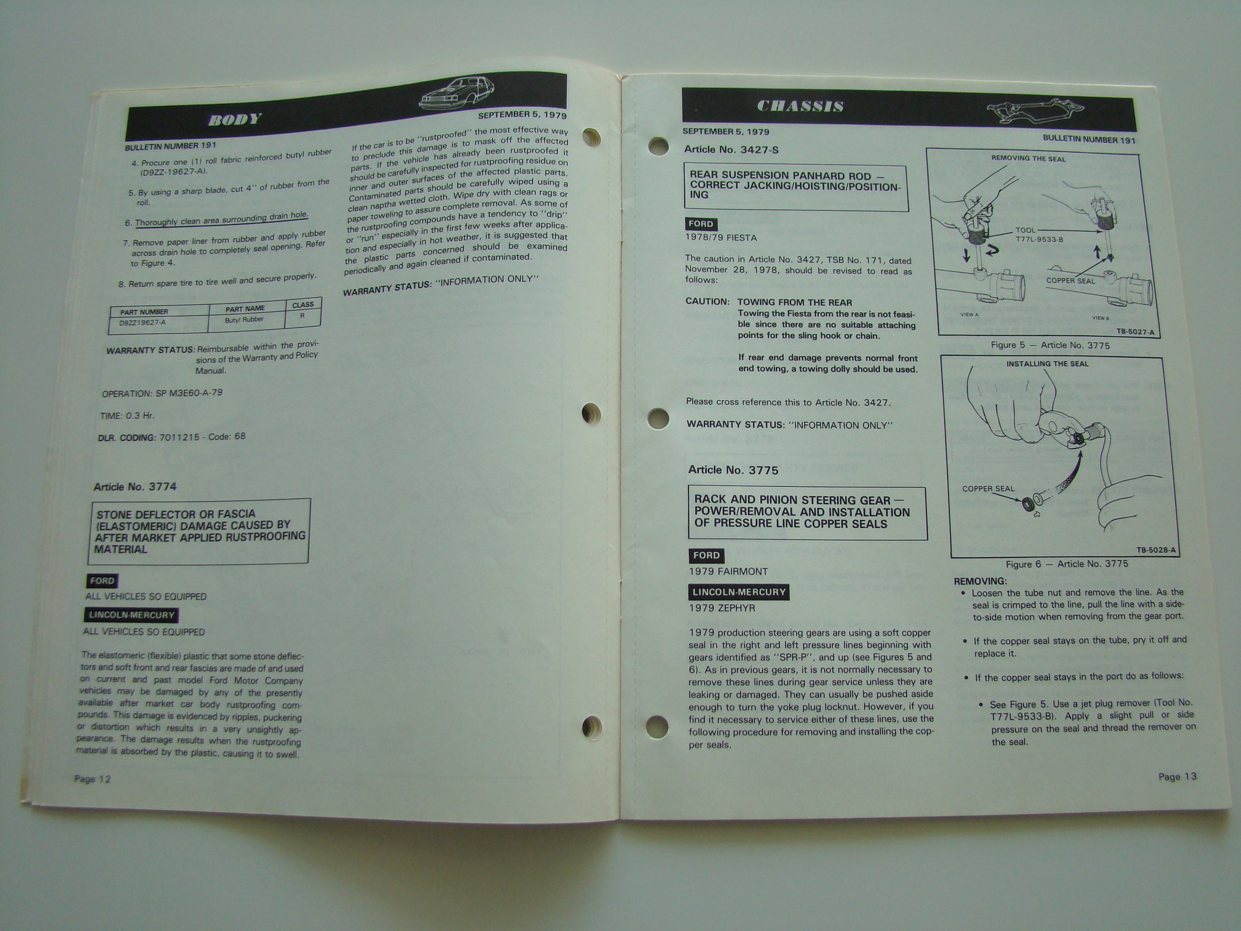 Open vehicle repair manual opened to pages with instructions and diagrams for body and chassis repairs on 1979 Ford Fiesta and Fairmont.