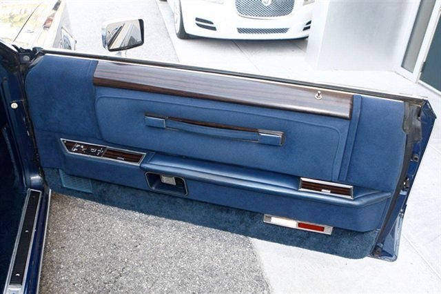 Interior door panel of a vintage car, featuring blue fabric and wood trim.