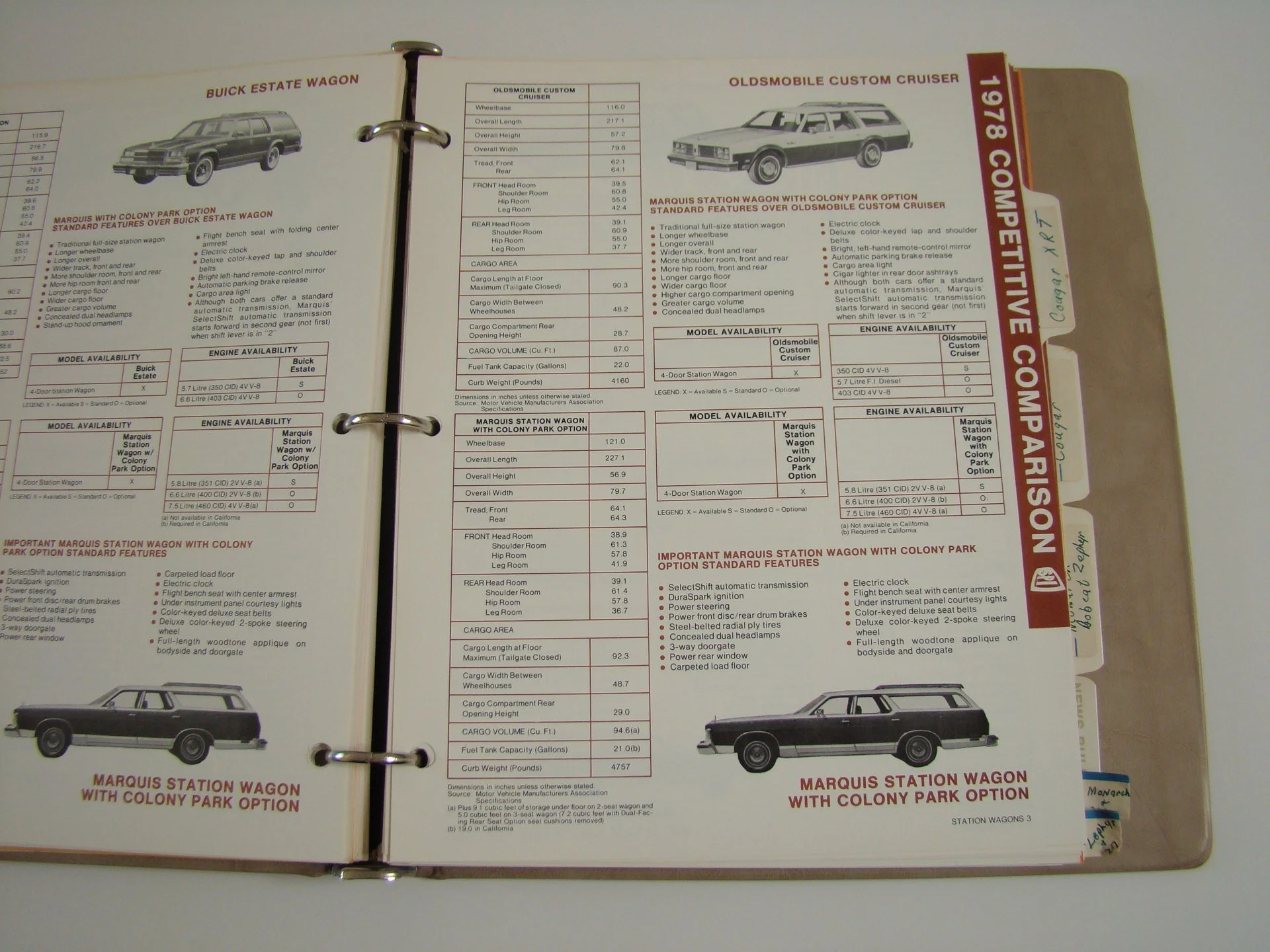Open car brochure showing specifications and images of Buick Estate Wagon, Oldsmobile Custom Cruiser, and Marquis Station Wagon models from 1978.
