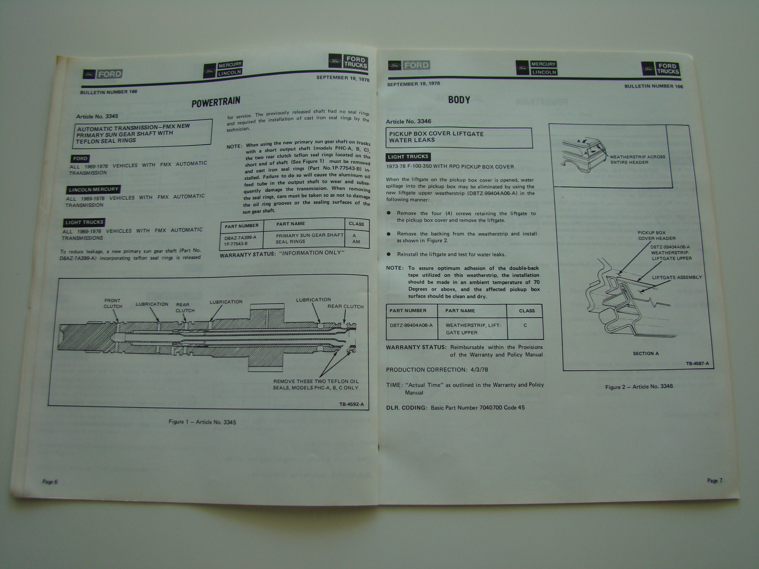 Open technical manual with instructions and diagrams for vehicle powertrain and body repair, dated September 19, 1978, featuring sections on automatic transmission seal rings and pickup box water leak repair.