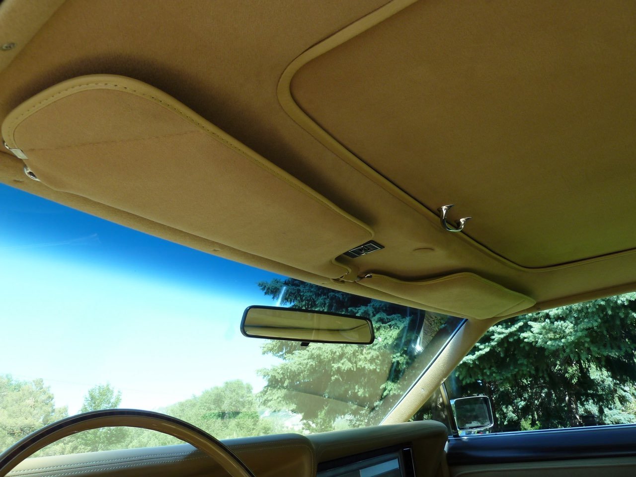 Interior of a vintage car showing the tan headliner, sun visors, rearview mirror, and windshield with trees outside.