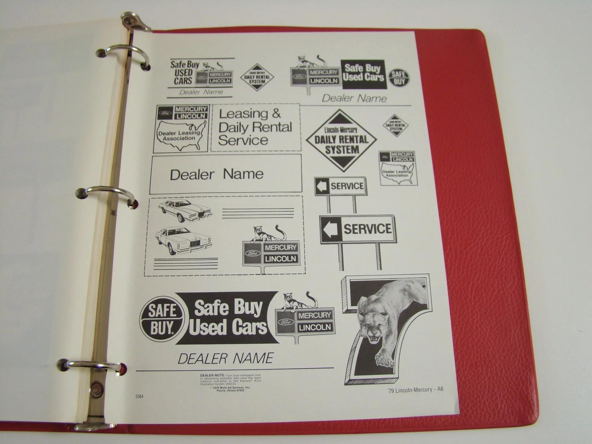A binder with a document titled 'Leasing & Daily Rental Service' displaying various dealership and service signs, including logos for Mercury, Lincoln, and Ford, as well as illustrations of cars and a dog graphic.