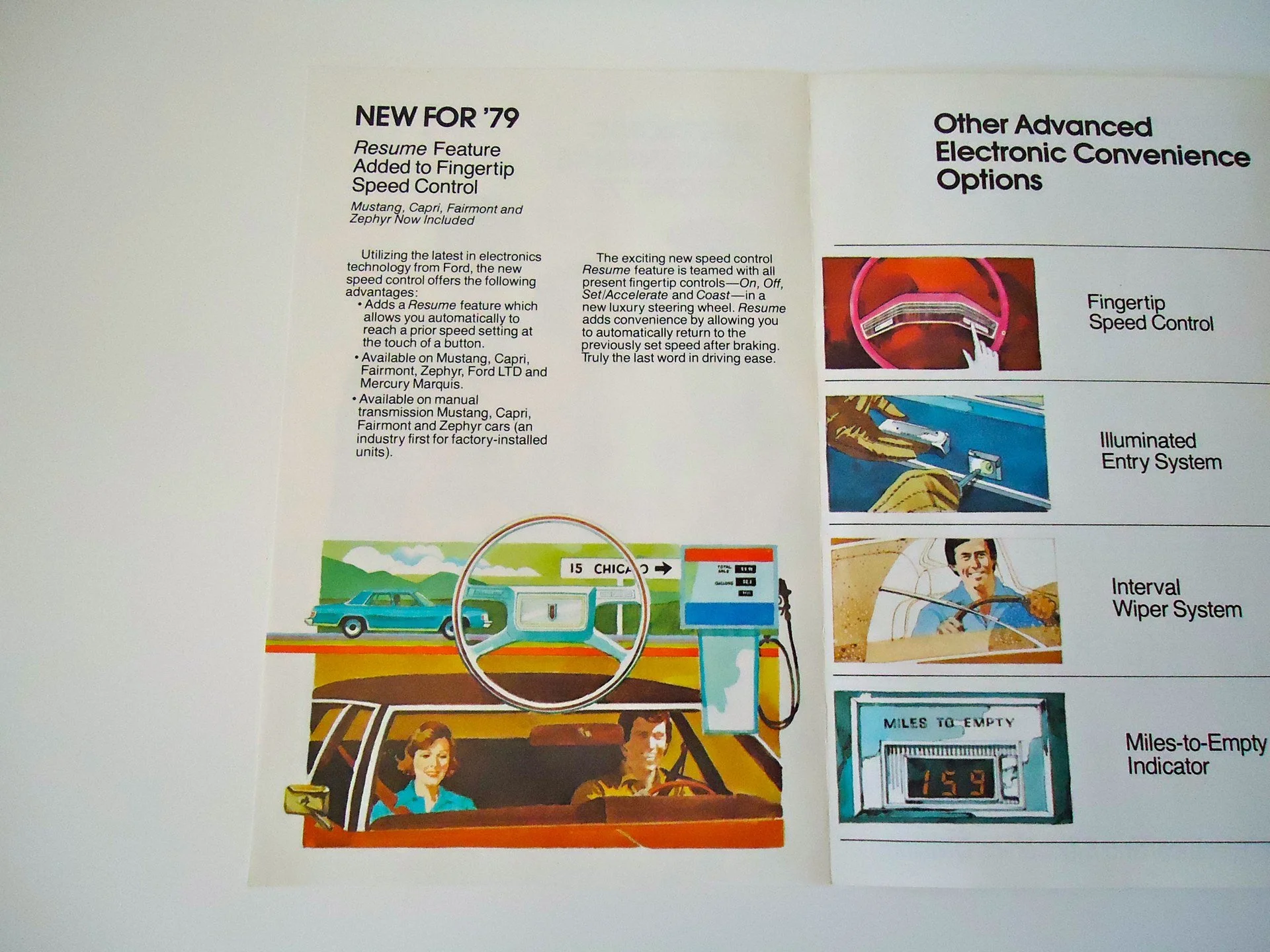 Vintage car brochure page with features for 1979 models, including fingertip speed control, illuminated entry system, interval wiper system, and miles-to-empty indicator, with colorful illustrations of cars, a steering wheel, and a dashboard.