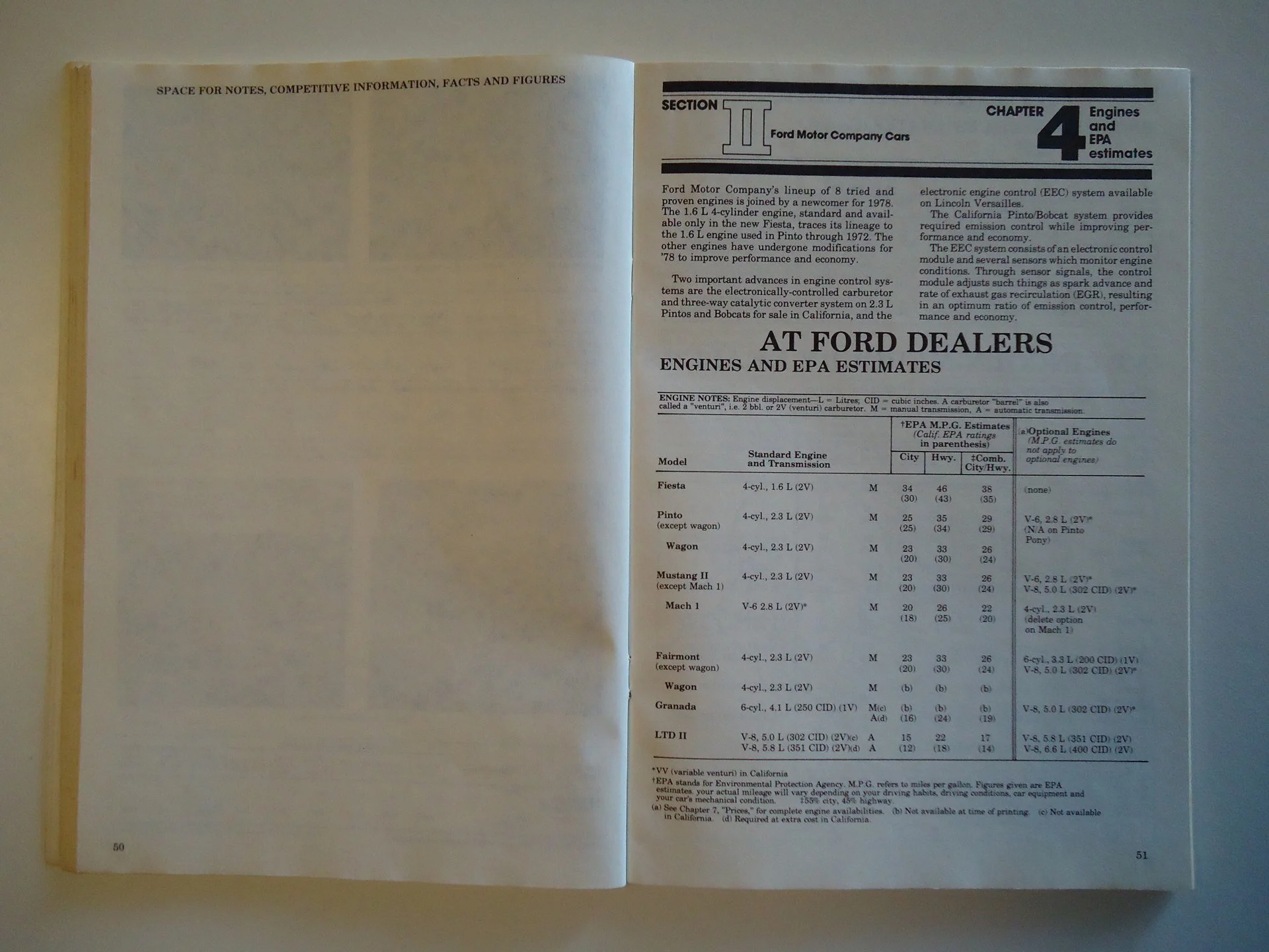 Open car parts manual with technical specifications for Ford engines, including charts comparing different models and their features.