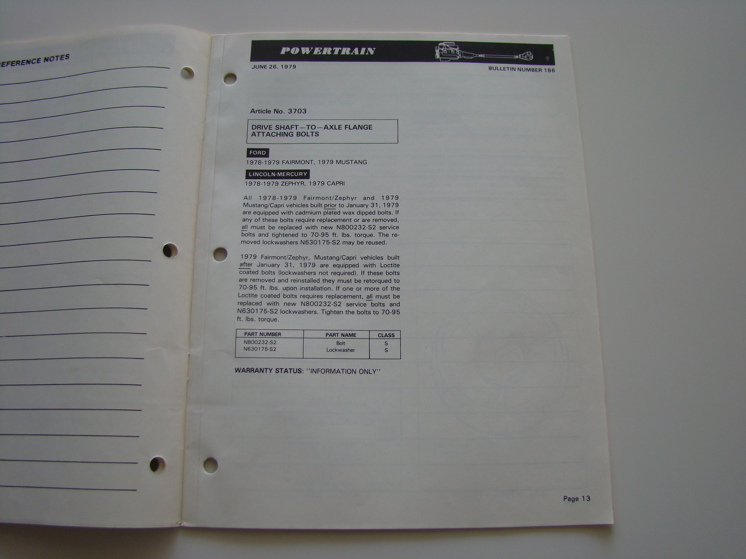 Page from a manual or pamphlet titled 'Powertrain,' dated June 26, 1979, detailing specifications for drive shaft to axle flange attaching bolts for Ford and Lincoln-Mercury vehicles.
