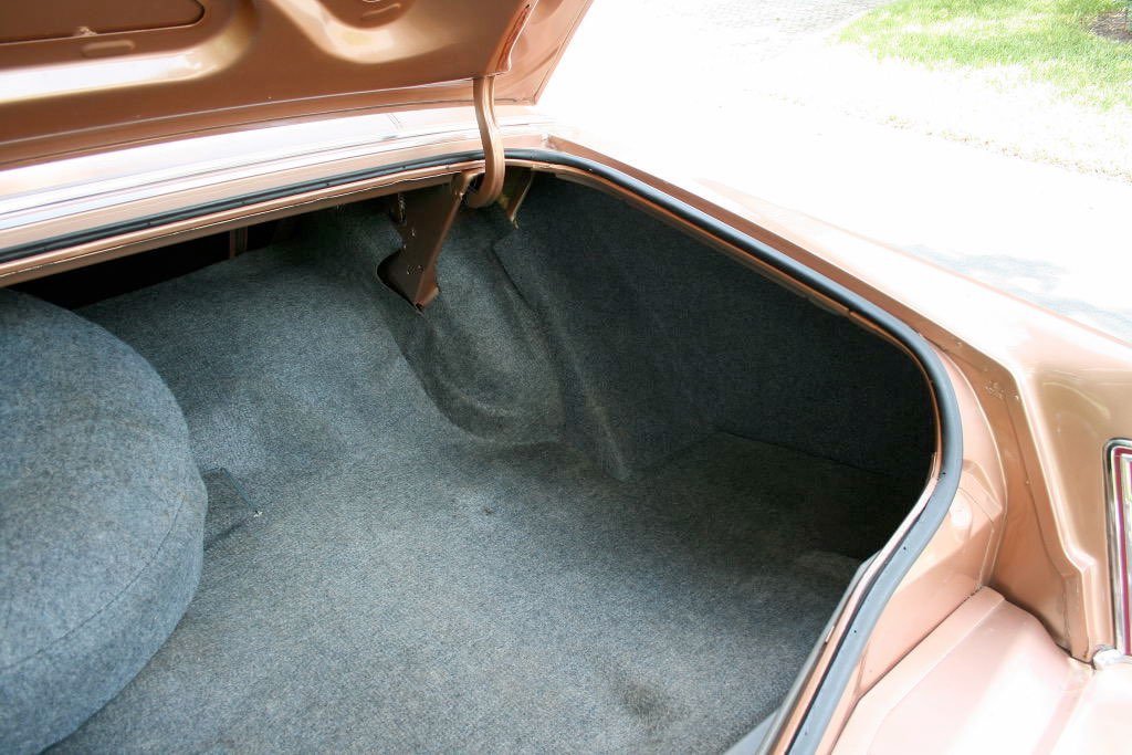 Empty car trunk with gray carpeting, brown exterior, and a spare tire partially visible on the left.