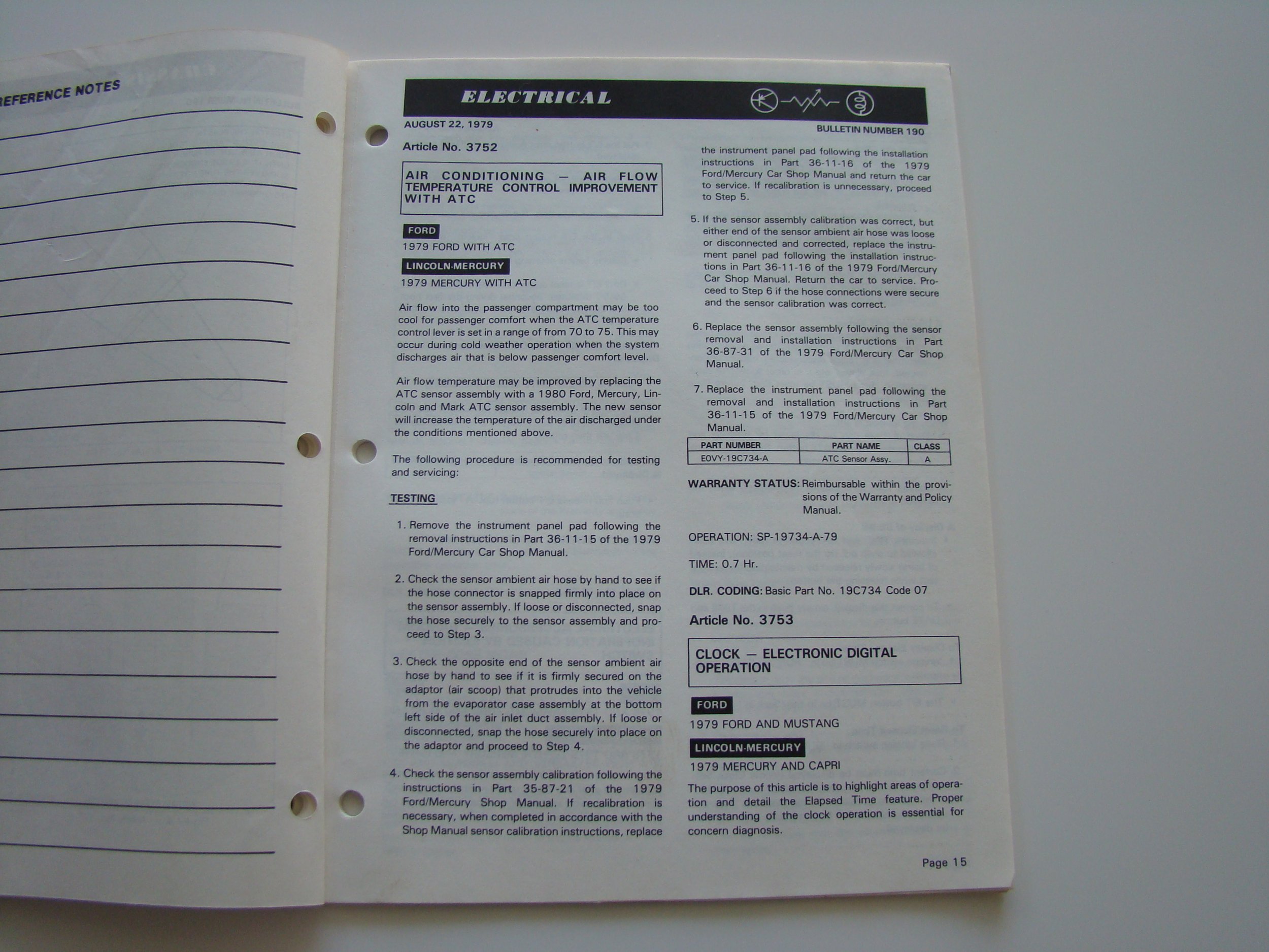 Open manual page with technical instructions for testing and servicing air conditioning temperature control system, dated August 22, 1979, including parts details and troubleshooting steps for Ford and Mercury vehicles.