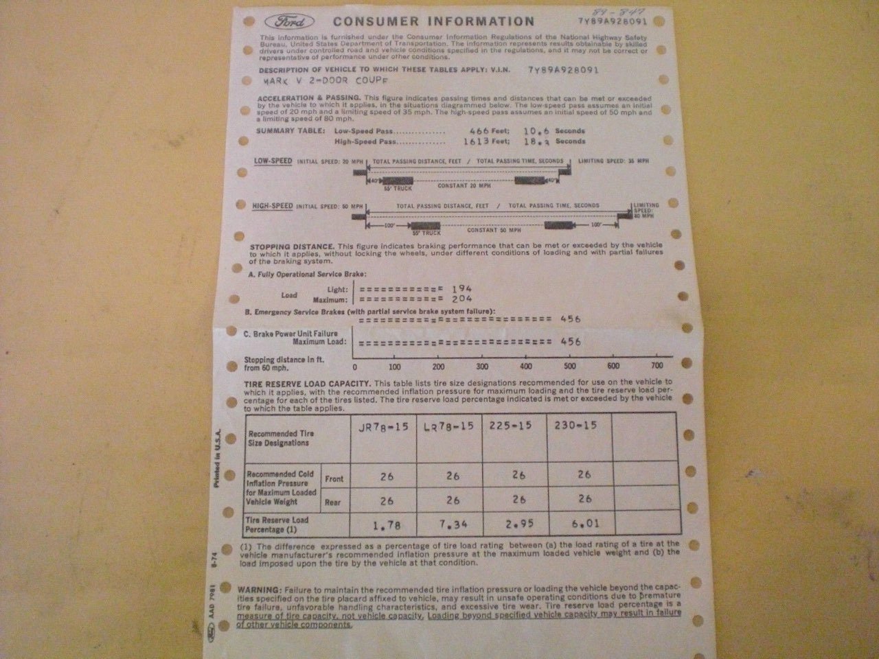 A vehicle consumer information sheet for a Ford vehicle, detailing V.I.N., acceleration and passing data, braking distances, tire reserve load capacities, and recommended tire sizes with cold inflation pressures.