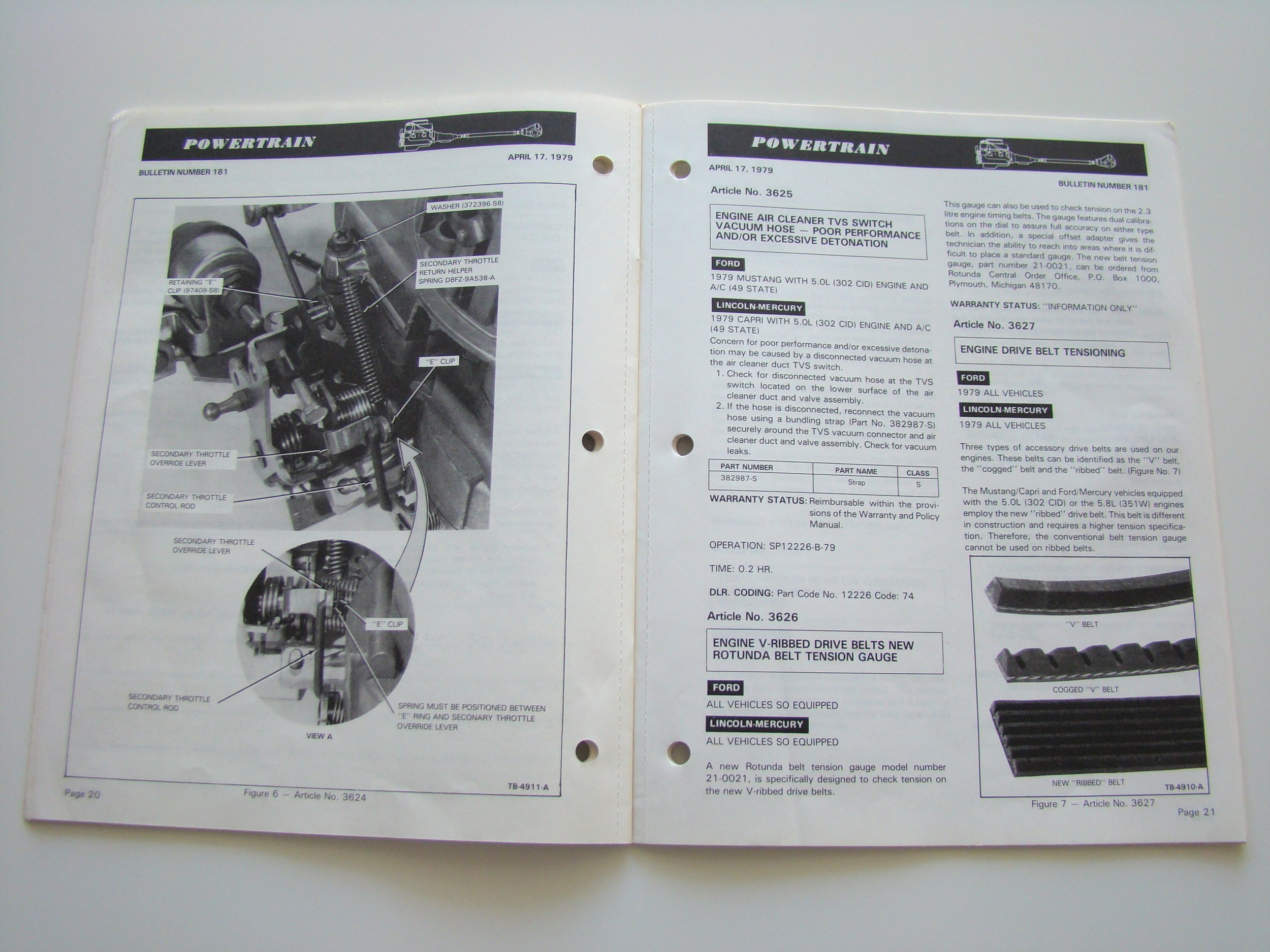 Open technical manual showing diagrams and instructions for engine throttle and drive belts, dated April 17, 1979.