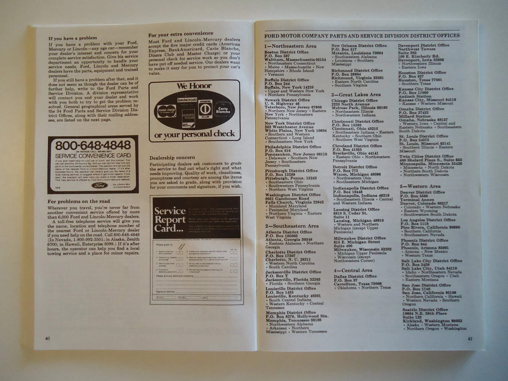 Open pages of a brochure showing contact information for Ford Motor Company parts and service division offices across various regions, along with sections on service reports, dealership concerns, and road assistance.