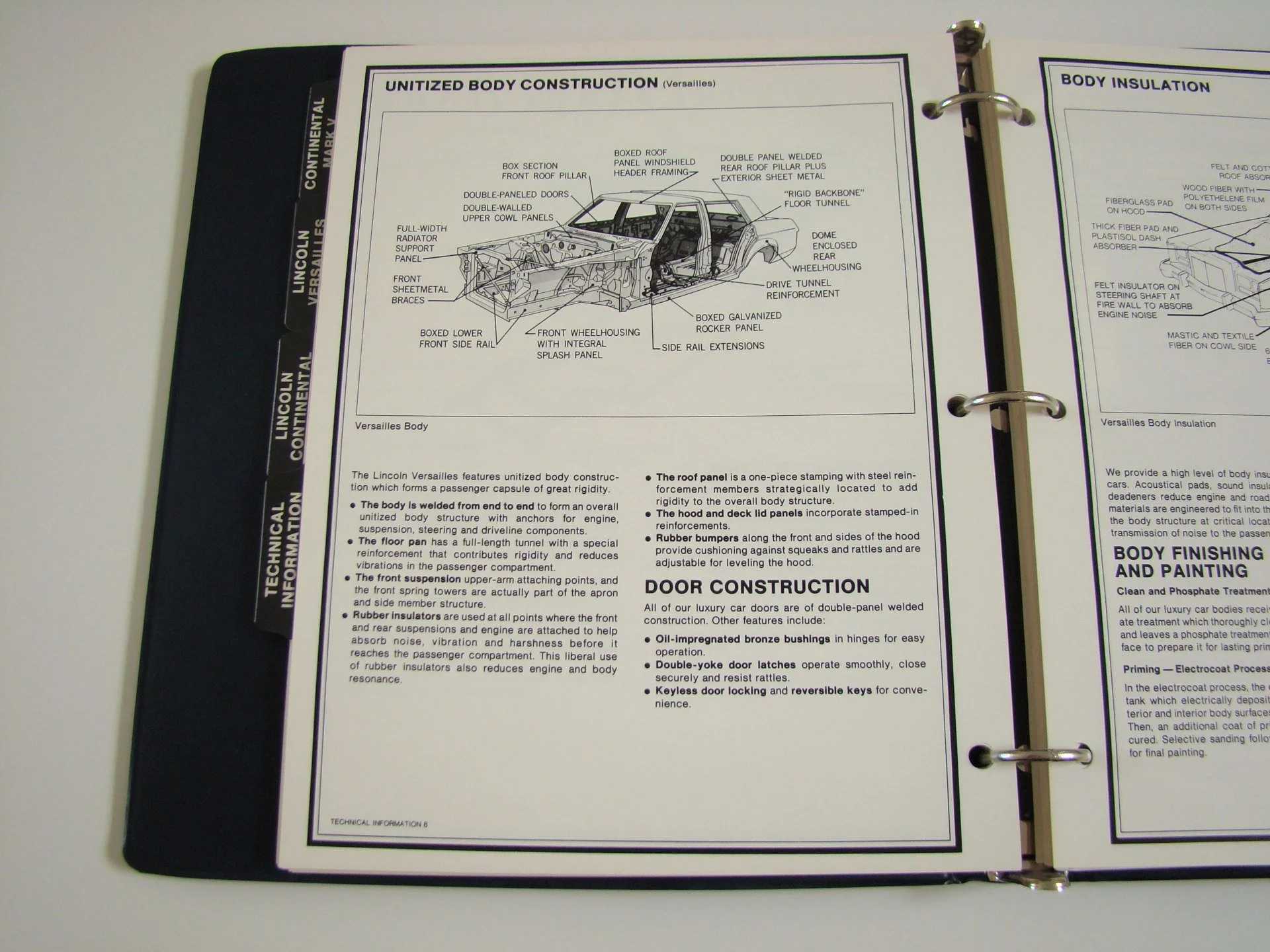 Technical diagram of a car's unibody construction with labels for parts like roof panel, doors, suspension, and reinforcement, on a binder page.