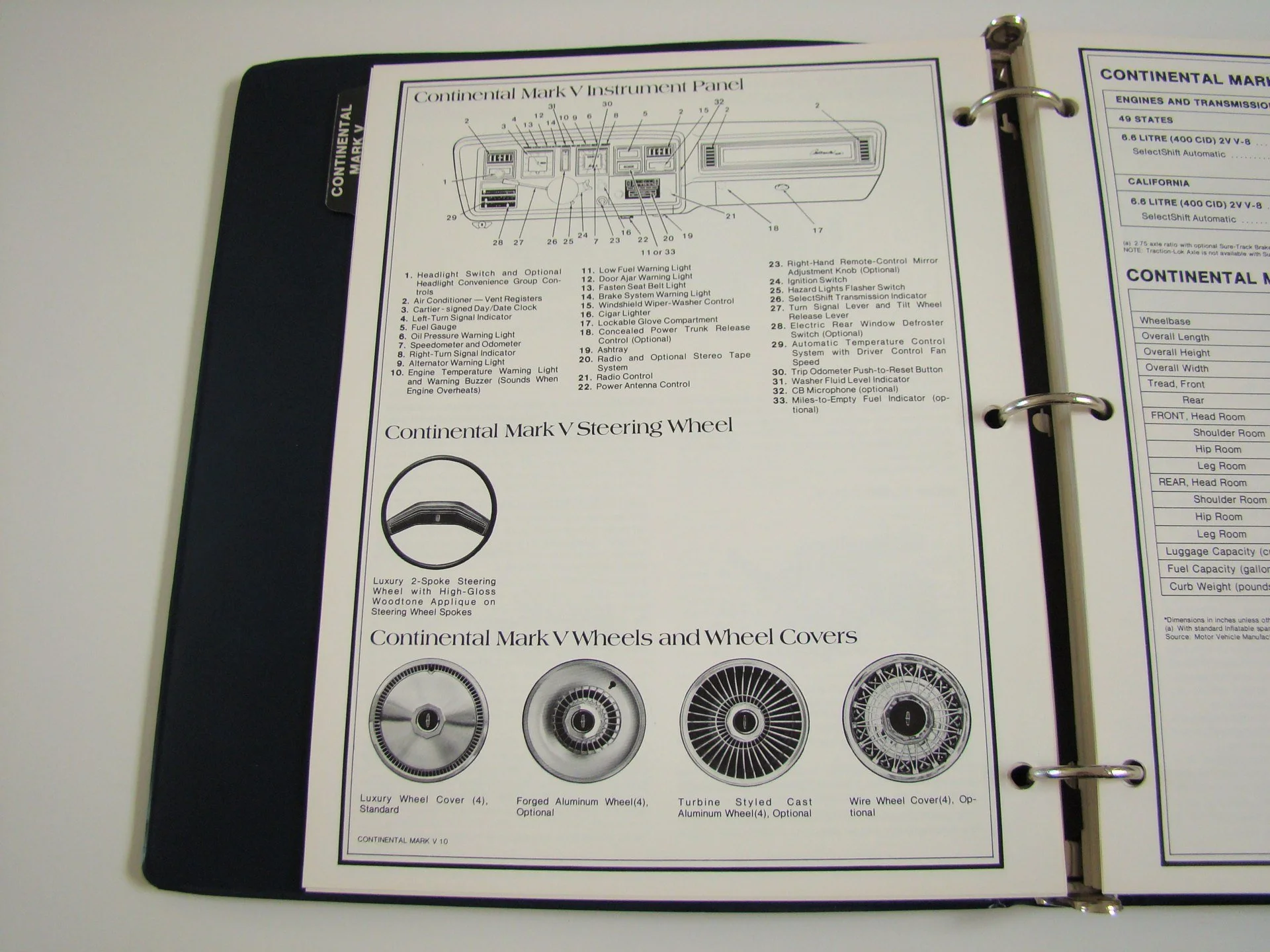 Page from a binder containing diagrams and descriptions of Continental Mark V car features, including the instrument panel, steering wheel, and wheel covers.