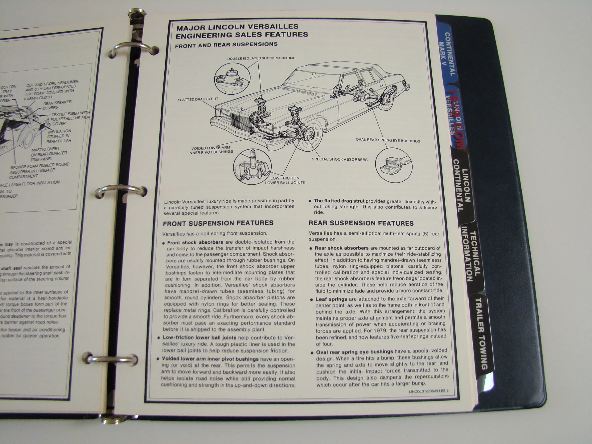 Page from a brochure detailing Lincoln Versailles car's engineering and suspension features, including diagrams of front and rear suspension components.