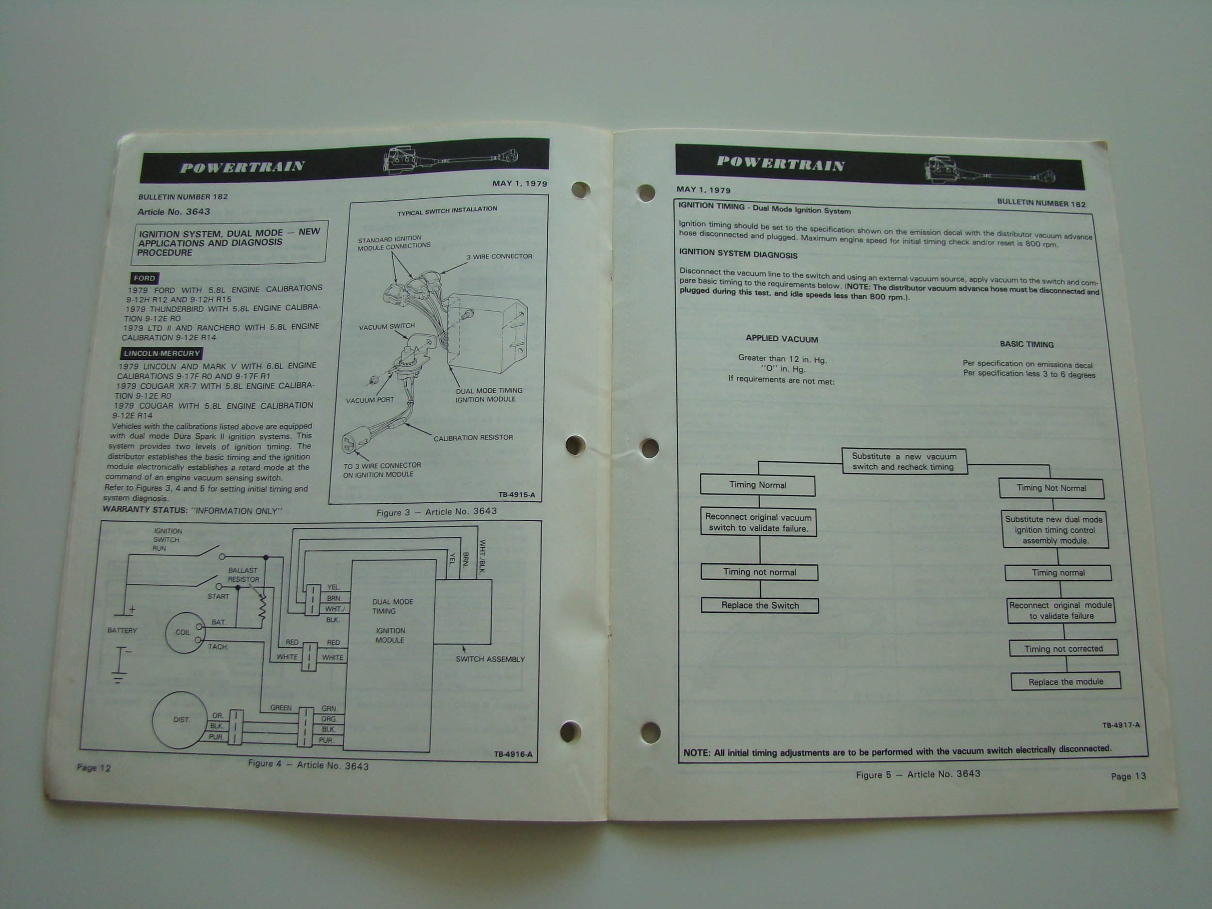 Open technical vehicle manual showing diagrams and instructions for ignition system and dual mode ignition module.