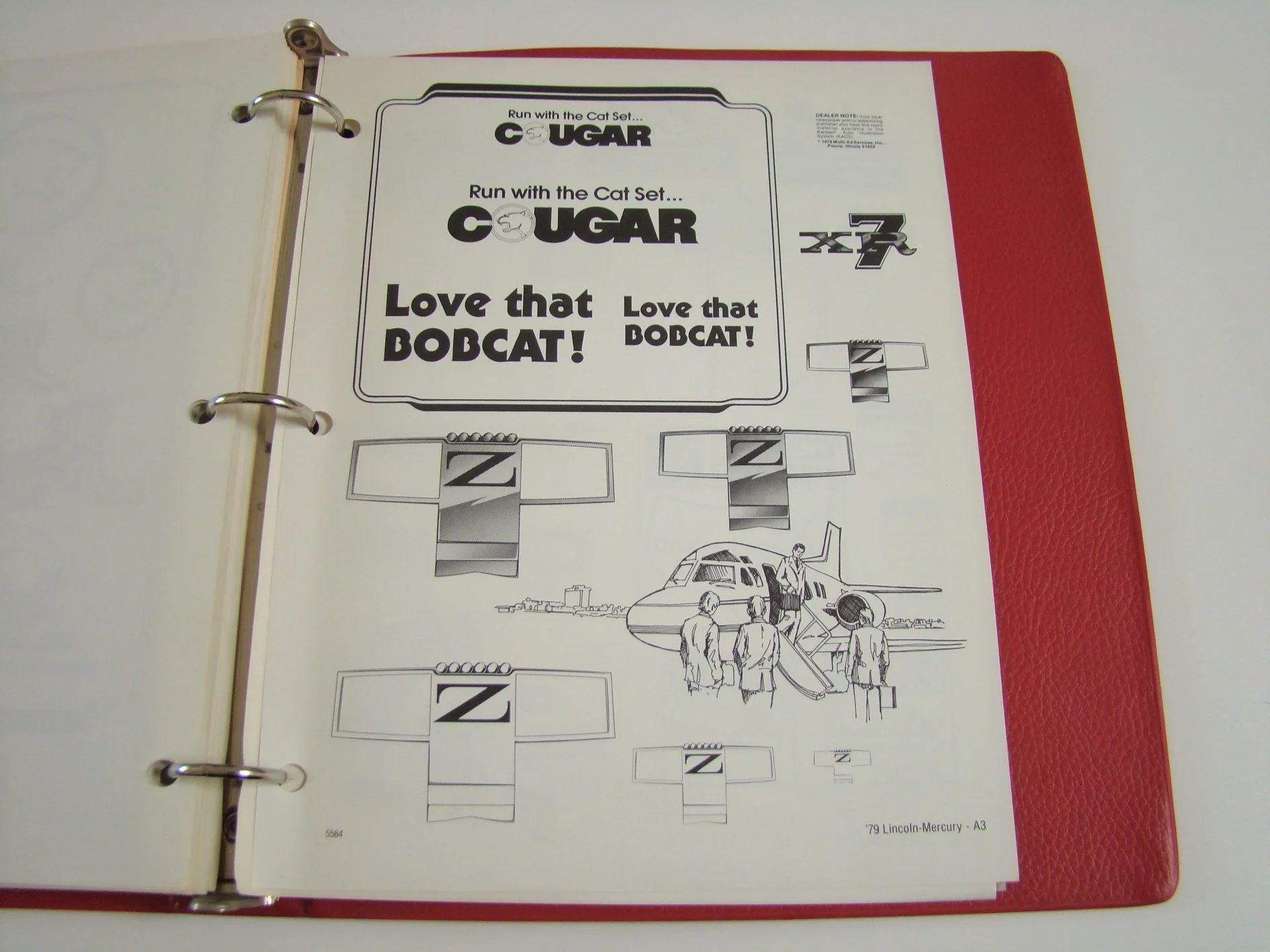 Page in a binder with text and illustrations promoting the Cougar aircraft, including airplane graphics and people boarding an aircraft.