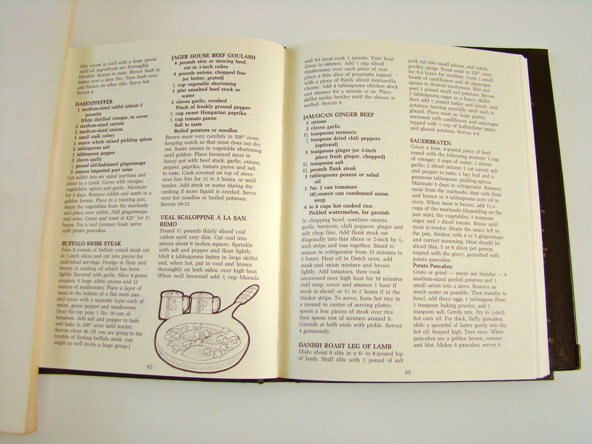 Open cookbook showing recipes for beef goulash, veal scaloppine, Jamaican ginger beef, sauerbraten, buffalo Swiss steak, Danish roast leg of lamb, and potato pancakes.
