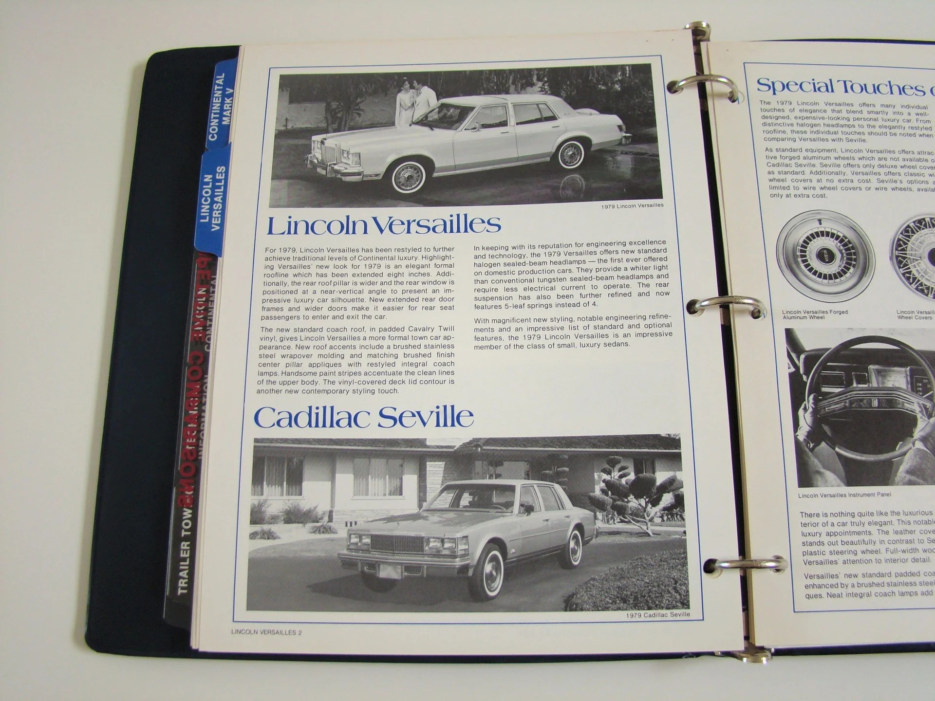 Open car brochure page featuring 1979 Lincoln Versailles and Cadillac Seville, with black-and-white photos and descriptive text.