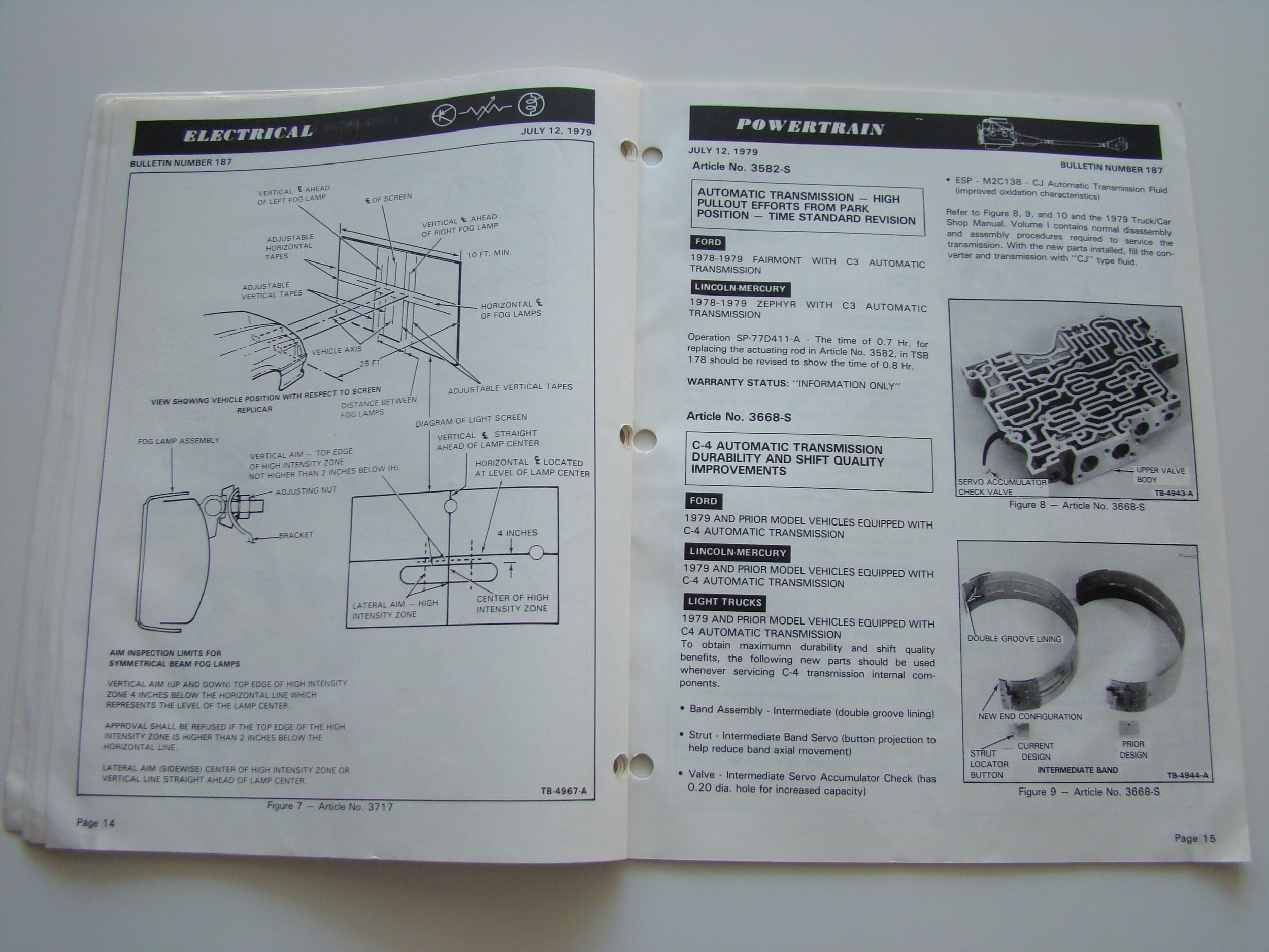 Open car repair manuals showing electrical and powertrain diagrams and information for vehicle transmission systems from July 12, 1979.
