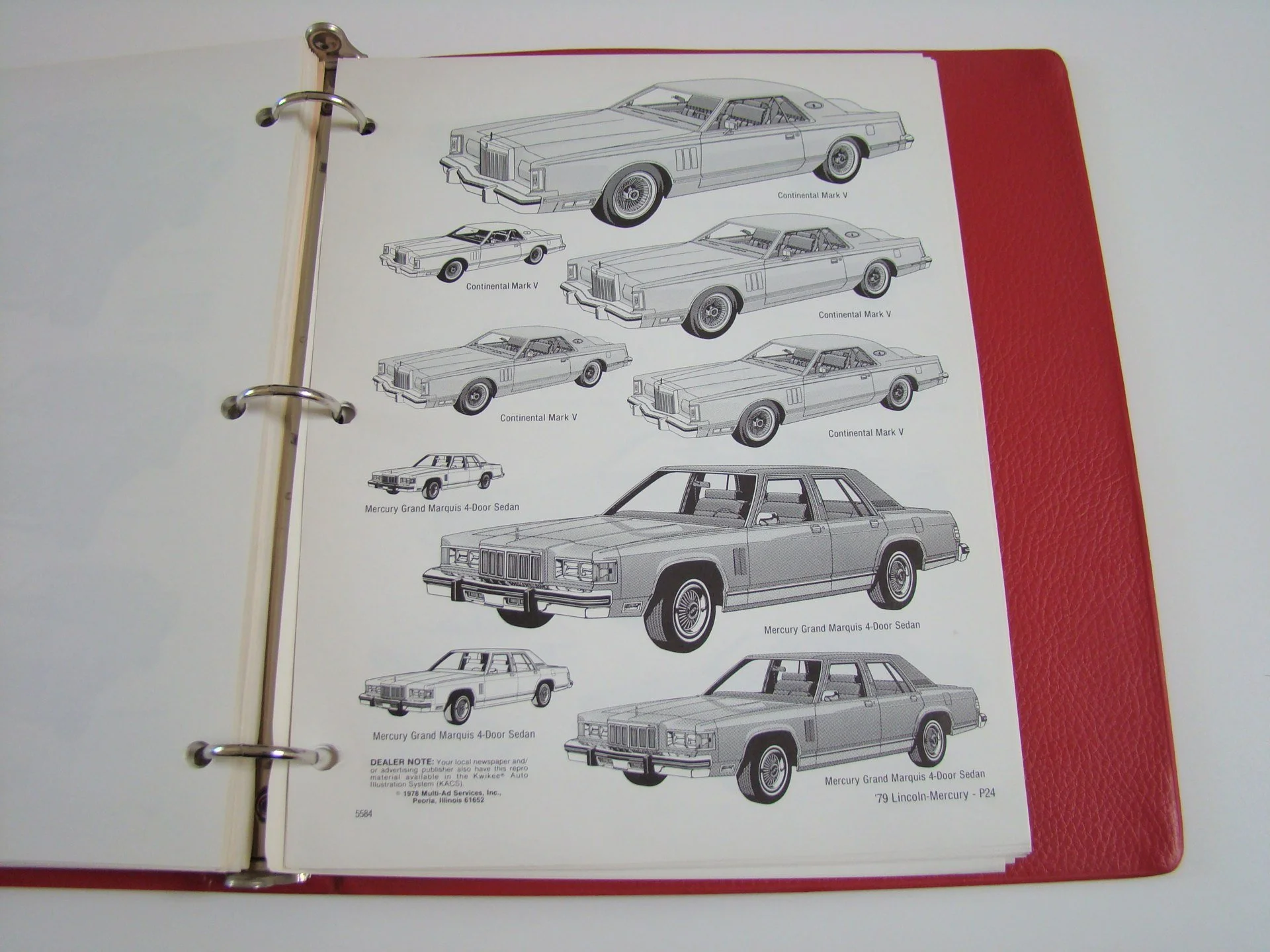Page from a car brochure showing line drawings of multiple classic Lincoln and Mercury four-door sedans, including the Lincoln Continental Mark V and Mercury Grand Marquis, with labels and notes.