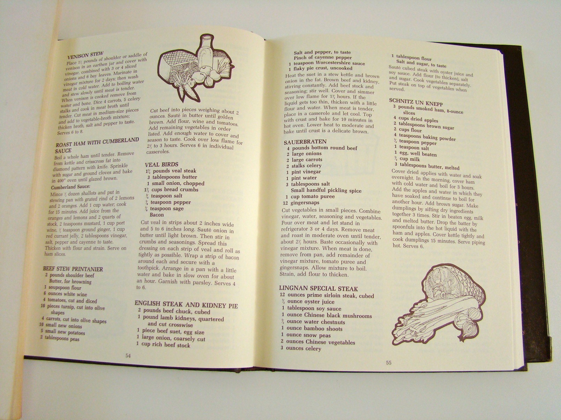 Open cookbook showing recipes for venison stew, roast ham with Cumberland sauce, veal birds, beef stew printanier, English steak and kidney pie, and various other dishes with illustrations of food and ingredients.