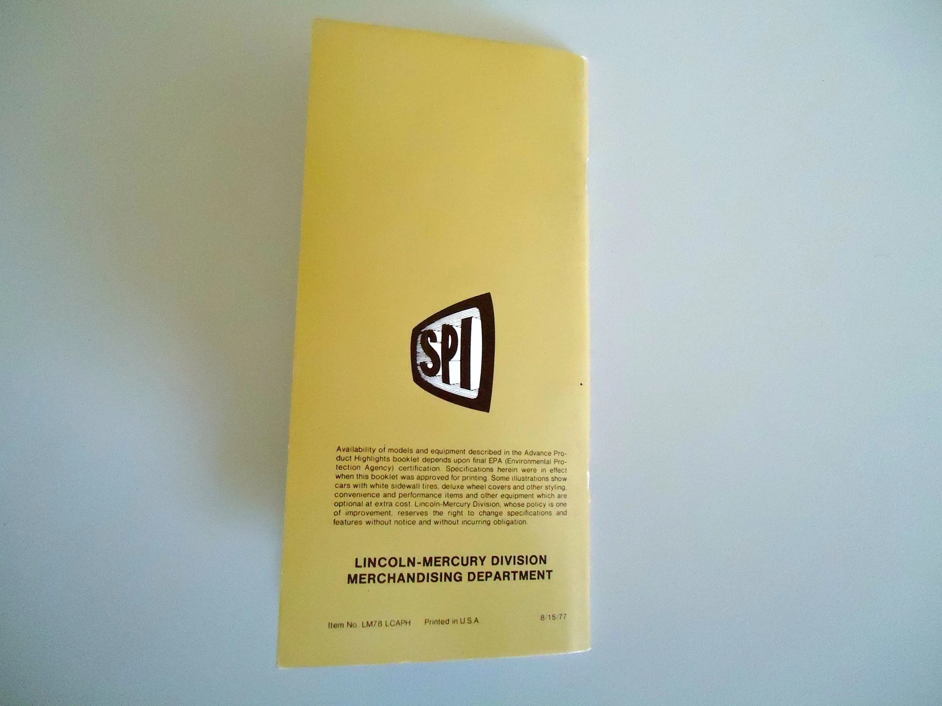 A yellow pamphlet from Lincoln-Mercury Division Merchandising Department with the SP1 logo on it.