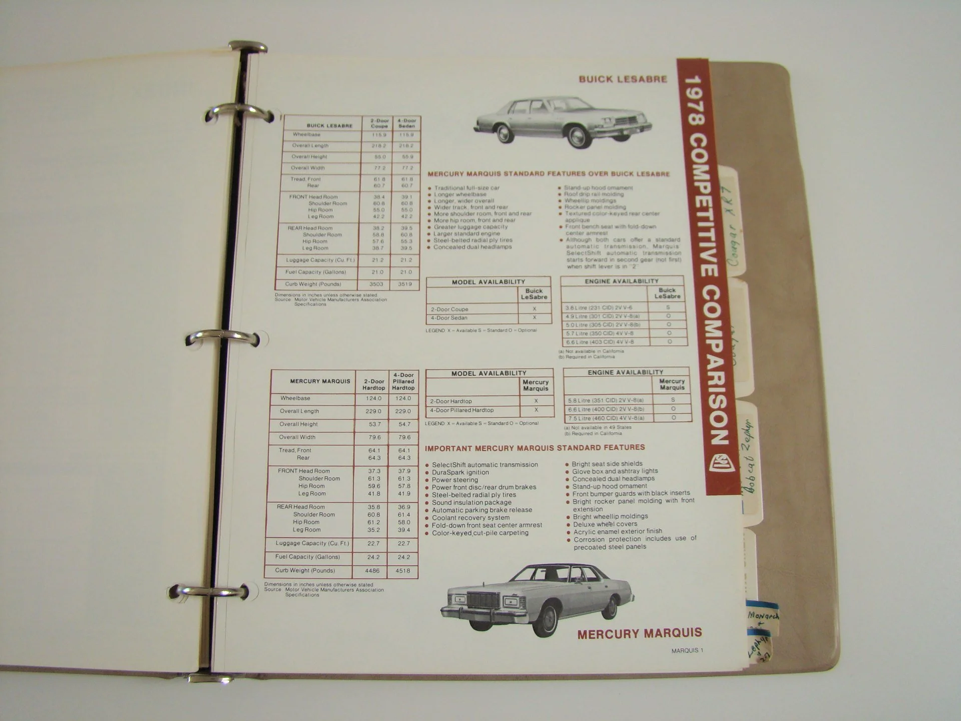 Printed car comparison sheet showing specifications and features for Buick LeSabre and Mercury Marquis models, with images of each vehicle at the top and bottom of the page.