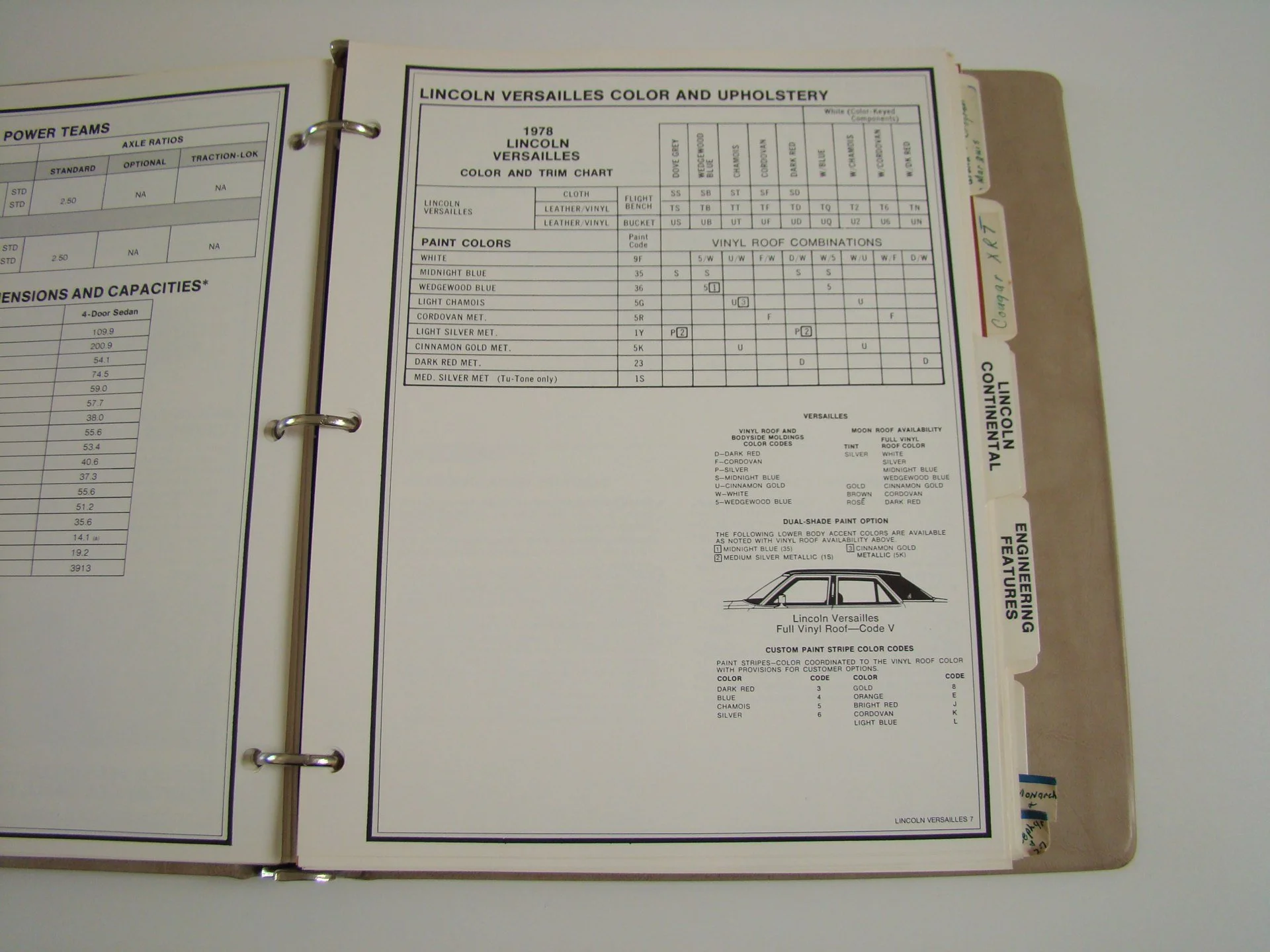 Open binder with a car color and upholstery chart for the 1978 Lincoln Versailles, showing paint colors, vinyl roof combinations, and color codes.