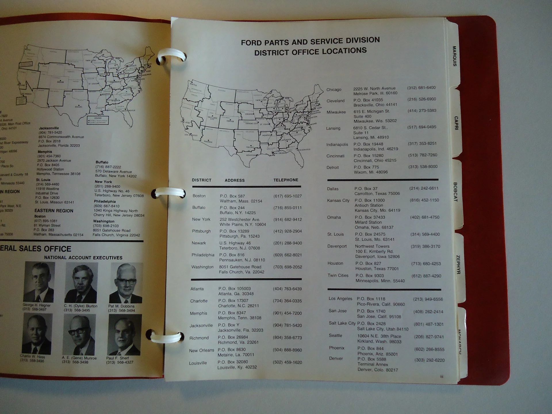 Page from a Ford parts and service directory showing a map of the United States with district office locations listed alongside their addresses and phone numbers.