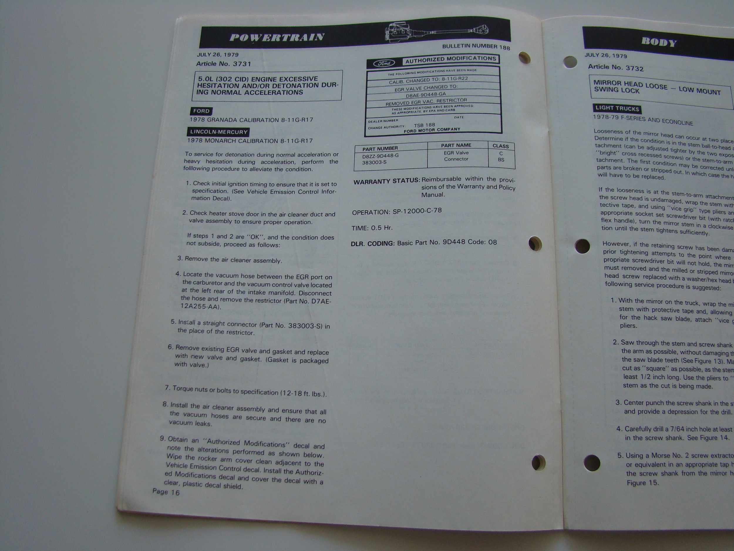Page from a vehicle service manual with detailed instructions for engine diagnostics and repair, including sections on powertrain and body modifications, dated July 26, 1979.