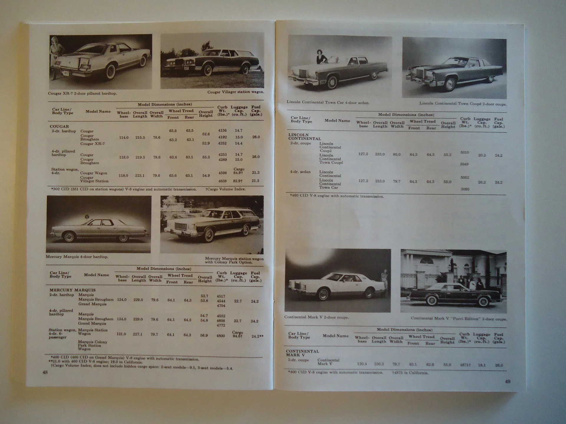 Table with vintage car models, specifications, and black-and-white photos of cars and people from an automotive catalog.